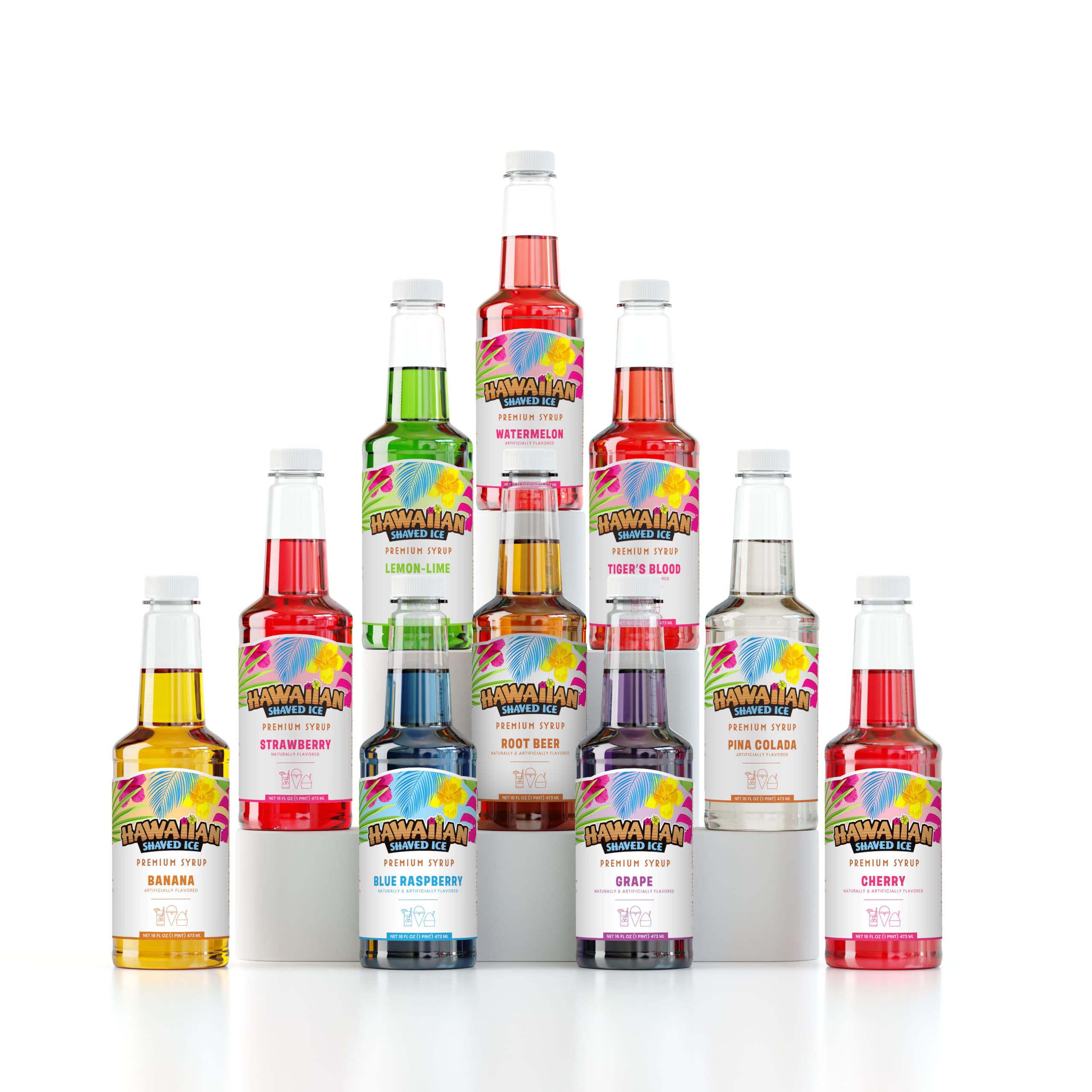 Hawaiian Shaved Ice Syrup Variety Pack - 10 Premium Snow Cone Flavors - Long-Lasting Shaved Ice Flavorings for Home & Business Use - 16oz Bottles