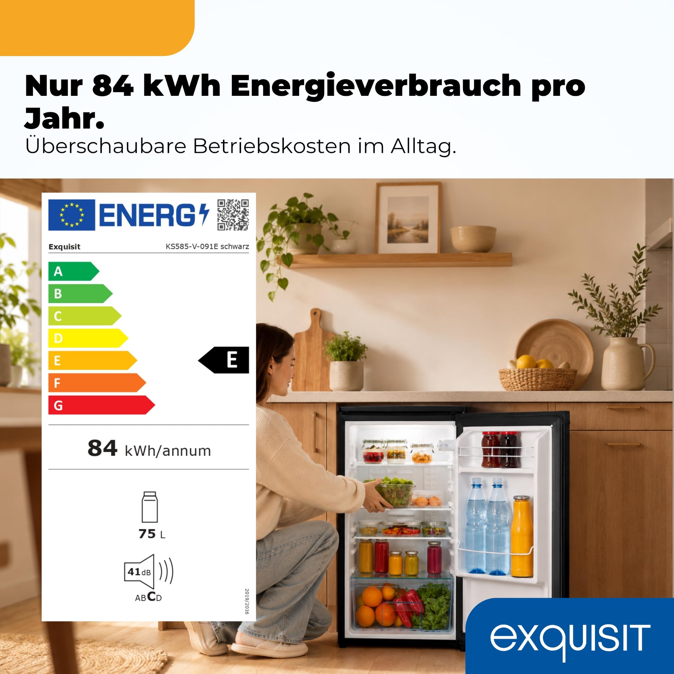 Exquisit Vollraumkühlschrank KS585-V-091E 76 l Energieeffizienzklasse E 41 dB(A) LED-Innenbeleuchtung schwarz