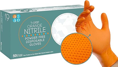 ASAP T-Grip Guantes industriales multiusos sin polvo de nitrilo, agarre texturizado elevado, desechables, 7 mil, naranja