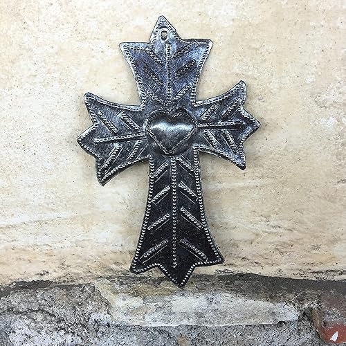 Miniatura 5 de Cruz decorativa pequeña, metal bronceado, hecho a mano de material reciclado, colección colgante de pared, colgante de milagro, 3.9 x 5.9 in