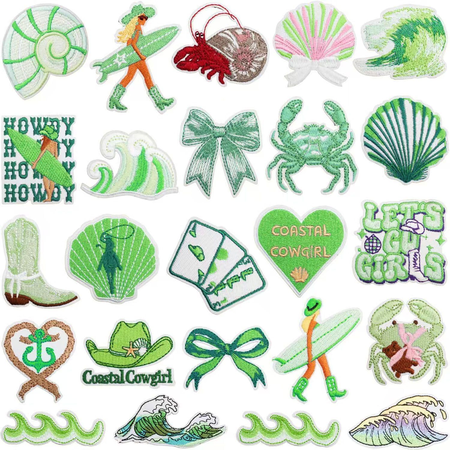 Coastal Cowgirl Iron On Patches, 24 Piece Summer Ocean Theme Set, Embroidered Decorative Patches for Trucker Hat, Clothes, Denim Jeans, Beach Bags