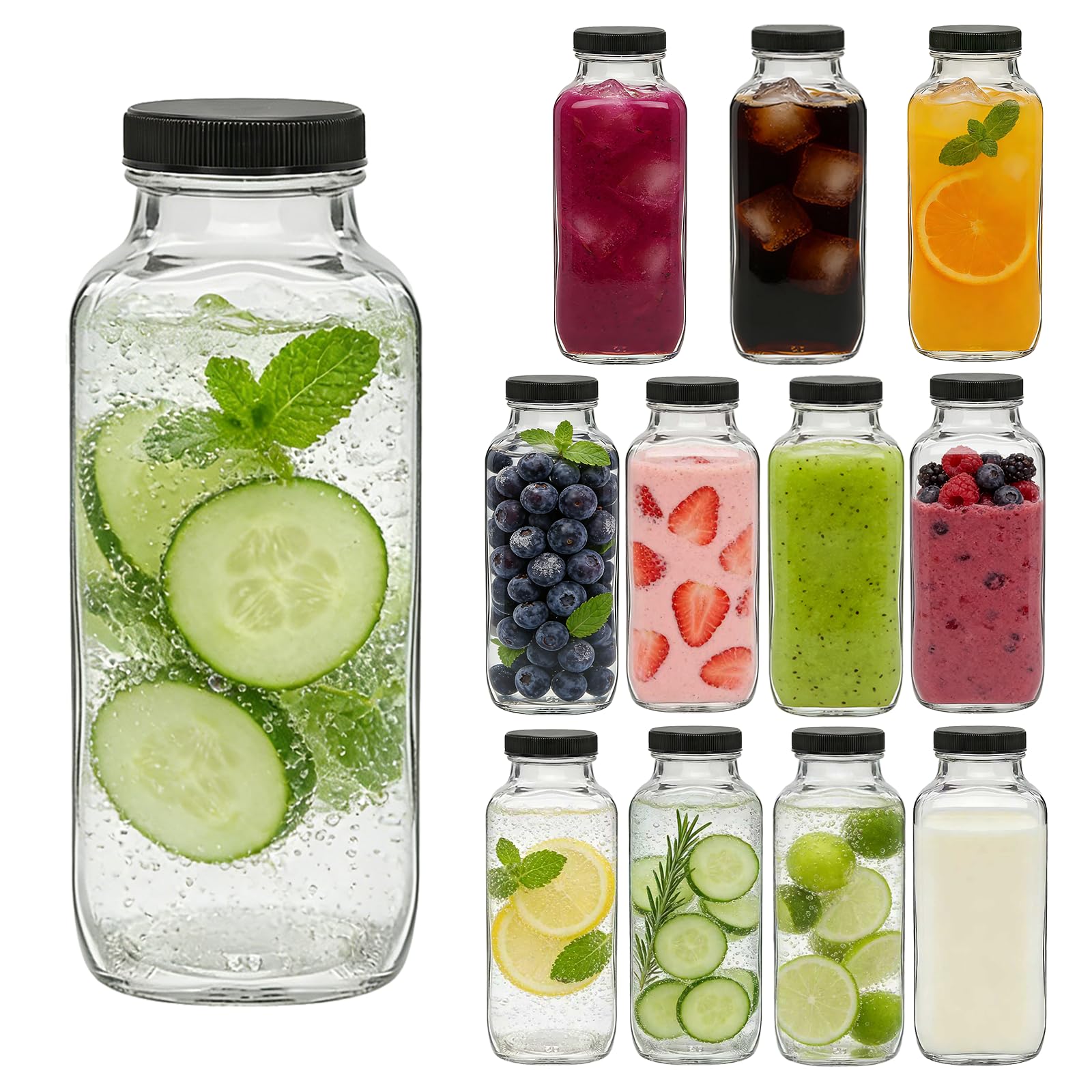 Accguan 12oz Glass Bottles,Leak-Proof Vintage Water Bottles for Juicing,Hot Sauce,Kombucha,Ginger Jar,Potion,Oil,Milk Bottles,Whiskey,Portable Travel Bottle,Smoothies Bottles(12pack)