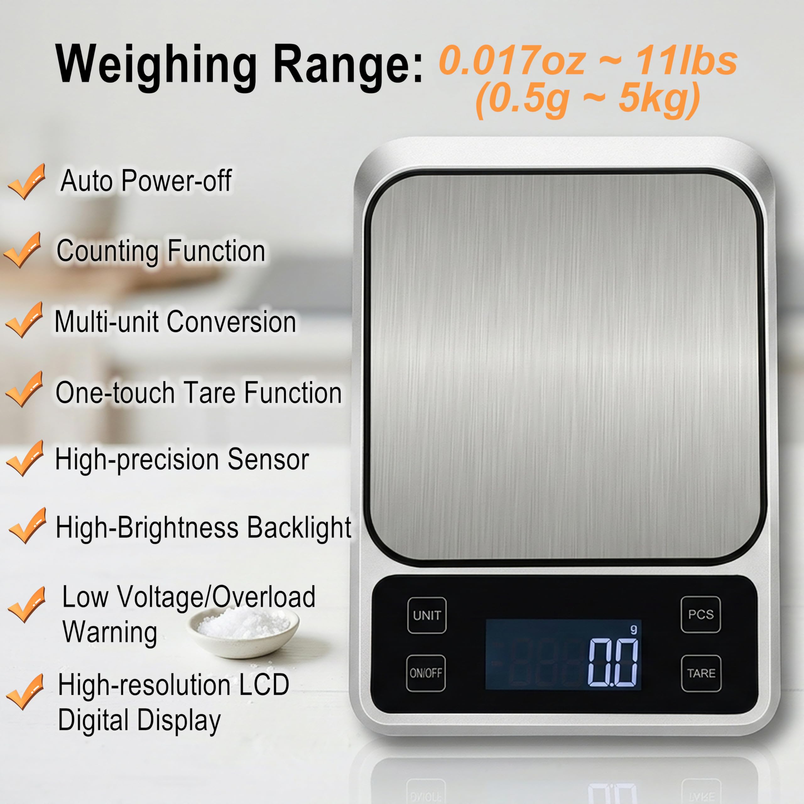 Báscula digital de cocina, báscula electrónica de alta precisión de 0.1 g/0.001 onzas, máximo 5 kg/11 libras, conversión de múltiples unidades, función de apagado automático/tara/conteo, plataforma de