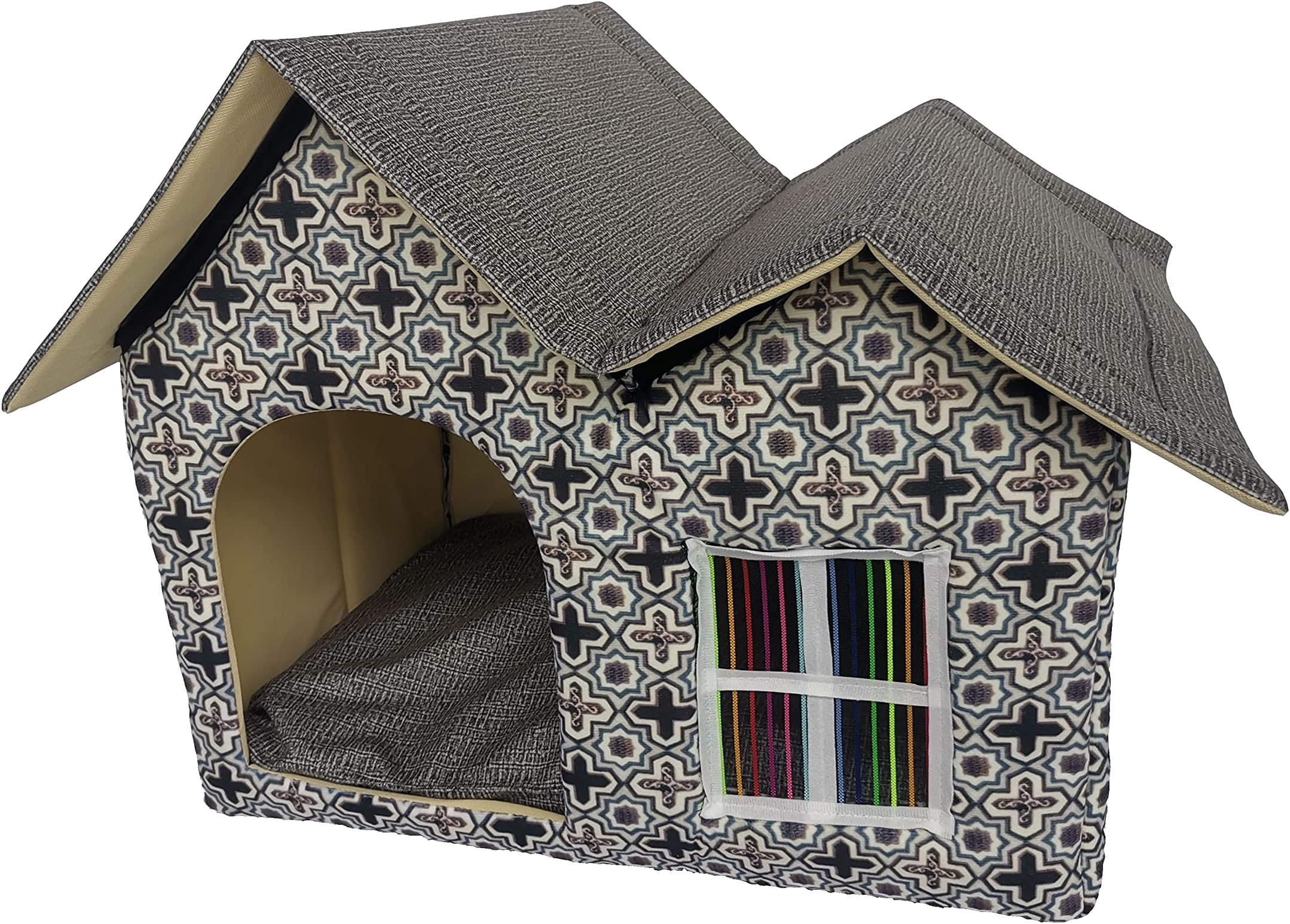 WowowMeow Portable Pet Indoor Soft Dog House Bed Removable Cushion Included, Foldable Small Dog Cat Warm House Bed (Double Roof- Brown)