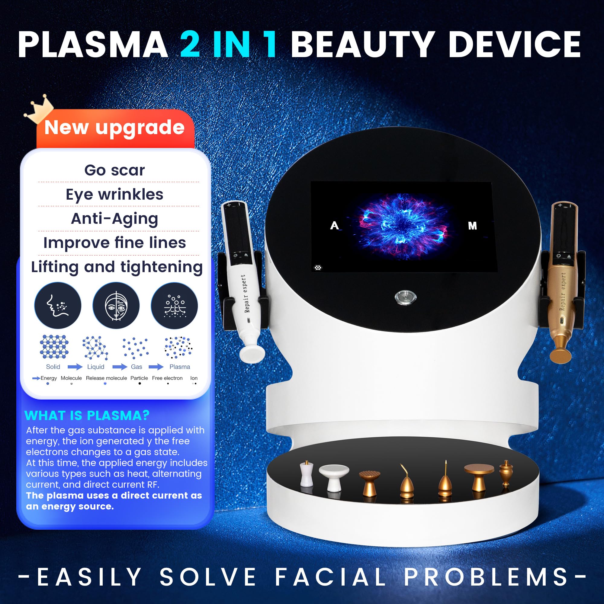 Macchina viso al plasma 2 in 1 con ozono e manipolo dorato
