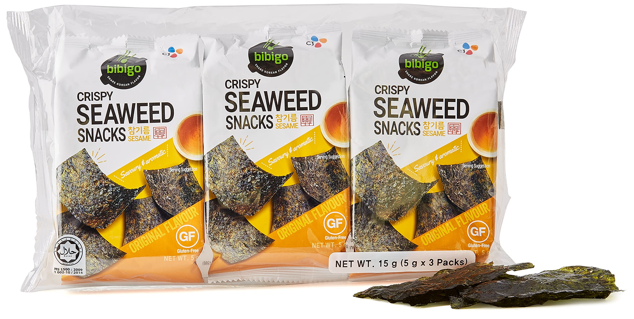 CJ Bibigo Snack Gim, Seasoned Seaweed Sesame 5Grams X 3Packs, Multi