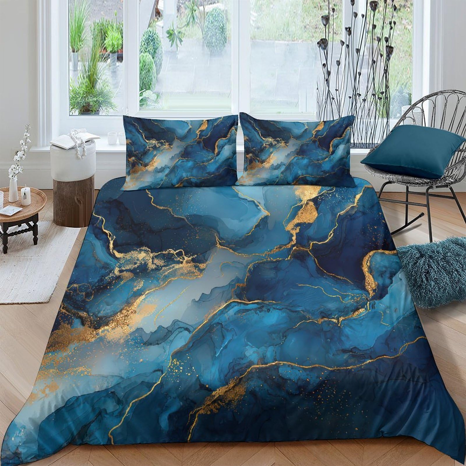 Ctjqhvkz Style-5 3D Printed Blue Marble Fitted Sheet Microfiber Soft Breathable Gold Vein Mattress Cover For Bedroom Guestroom Decor Single（135X200cm）