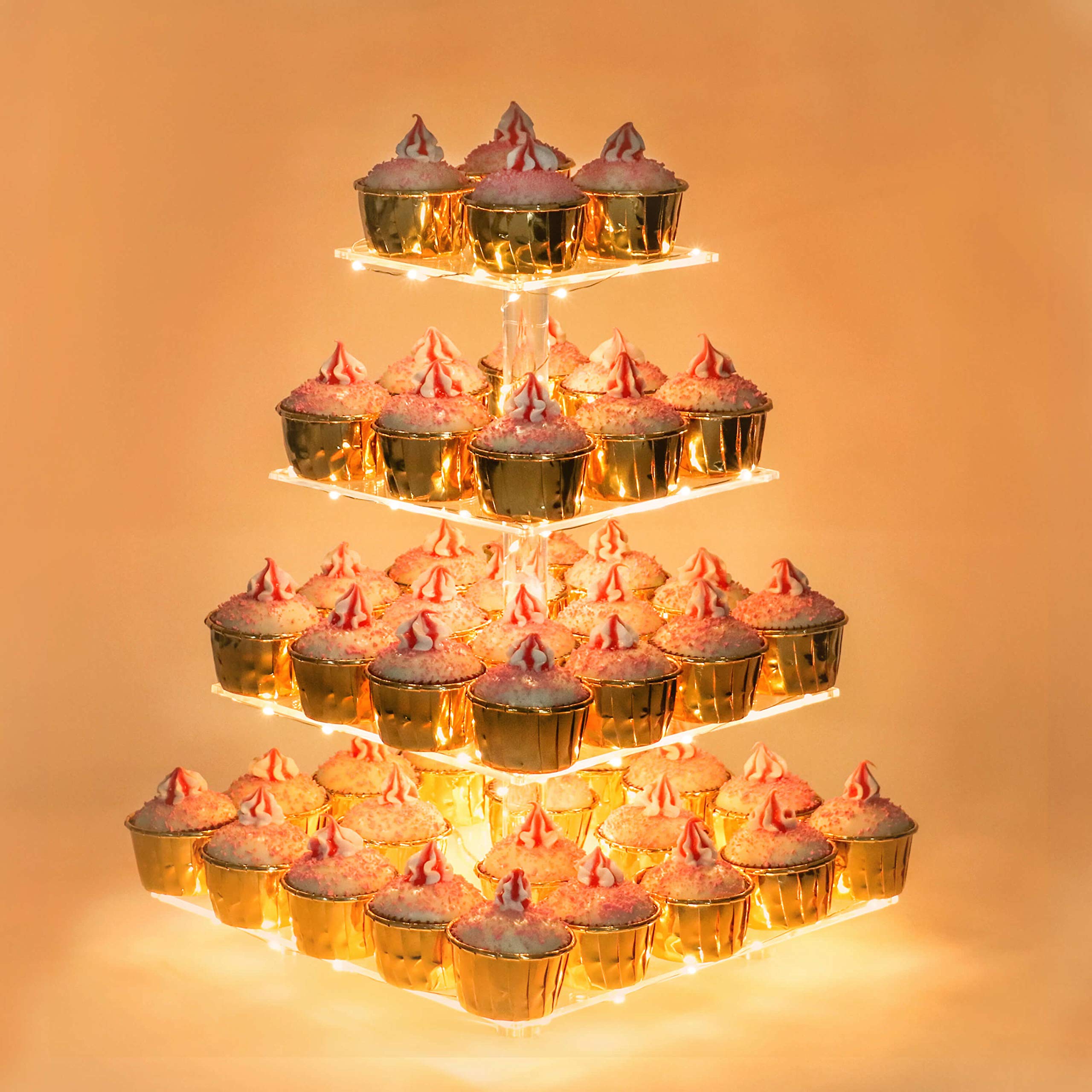 weddingwish 4 Tiers Acrylic LED String Lights Cupcake Stands Tower Tree-Cupcake Carrier-Clear Tiered Cake Stand- Dessert Stands-Cupcake Display Stand