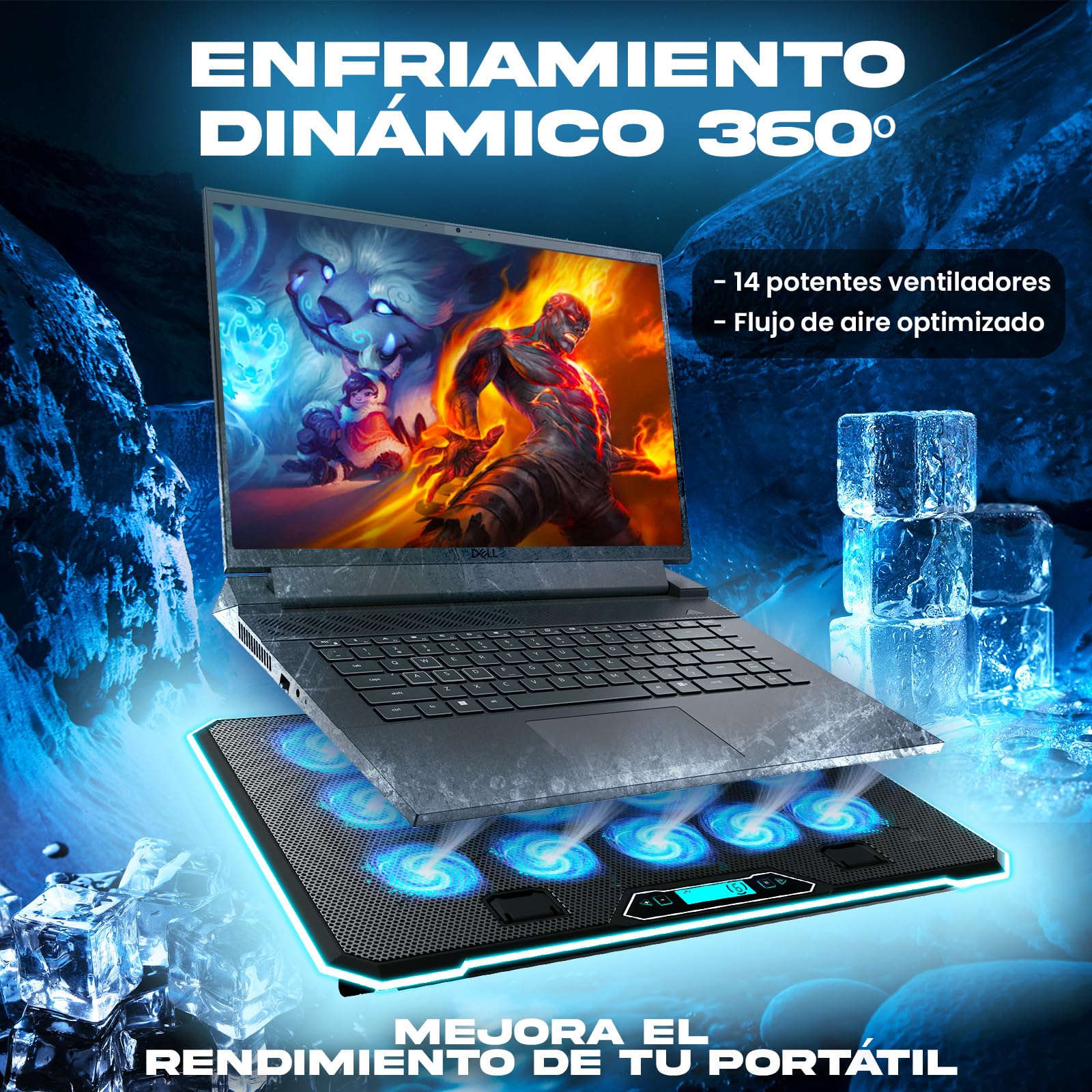 KLIM V14 Base Refrigeradora para Portátil Gaming con 14 Ventiladores + Nuevo + Soporte RGB Estable para Portátil con Ventilador + Compatible hasta 17" + 2 Puertos USB + Soporte para Teléfono