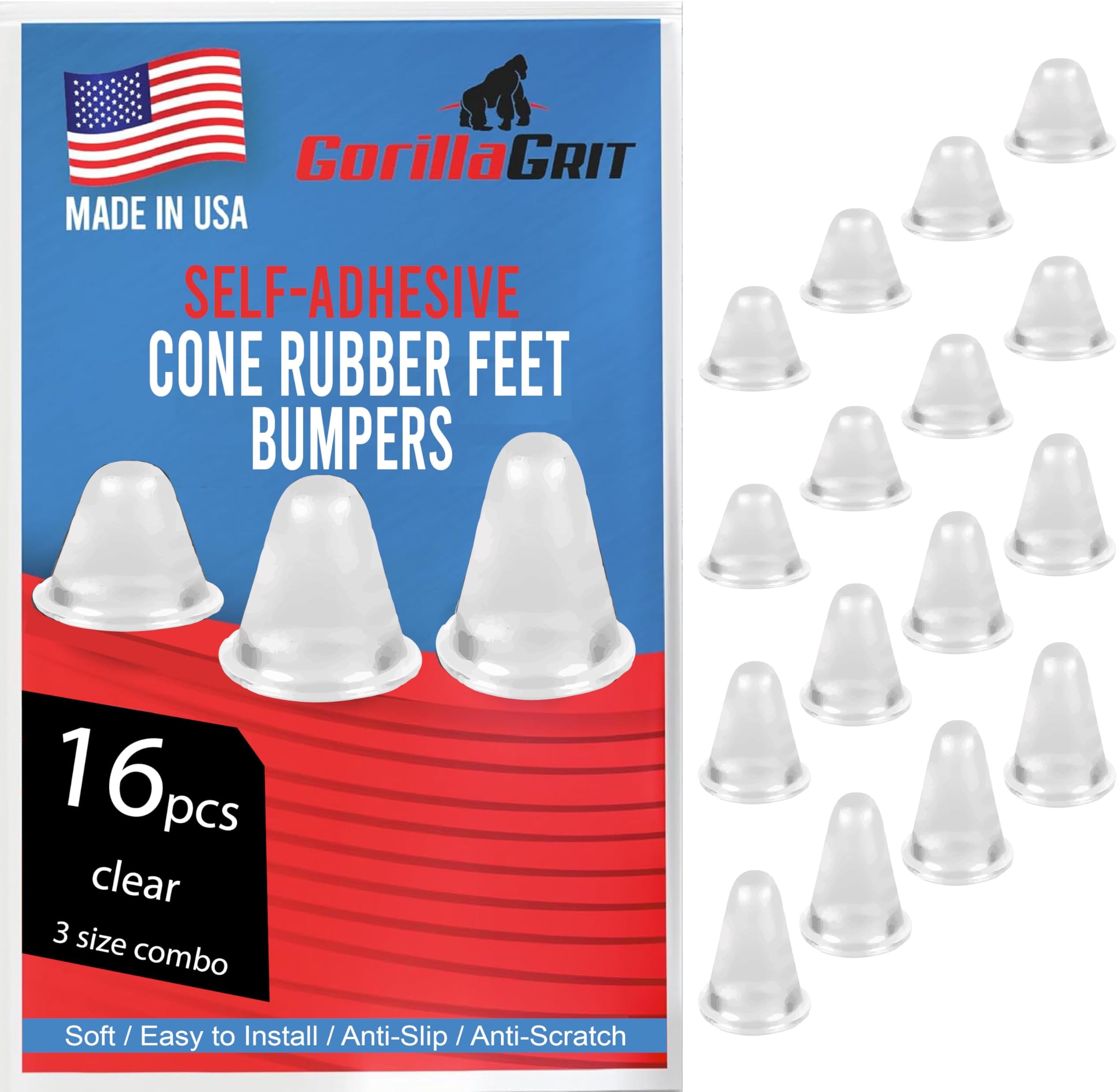 Cone Shaped Clear Rubber Bumpers - 16 PC Combo - Tall Rubber Feet Spacers for Electronics, Computer Audio Equipment, Car Truck Bug Deflector, Cutting Boards, Picture Frames, Cabinet Door