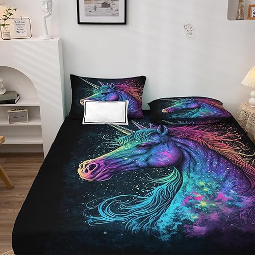 Miniatura 3 de Sábanas de unicornio tamaño King  Sábanas de fantasía para niños y niñas, juego de sábanas ombré con sábana bajera de bolsillo profundo, juego de
