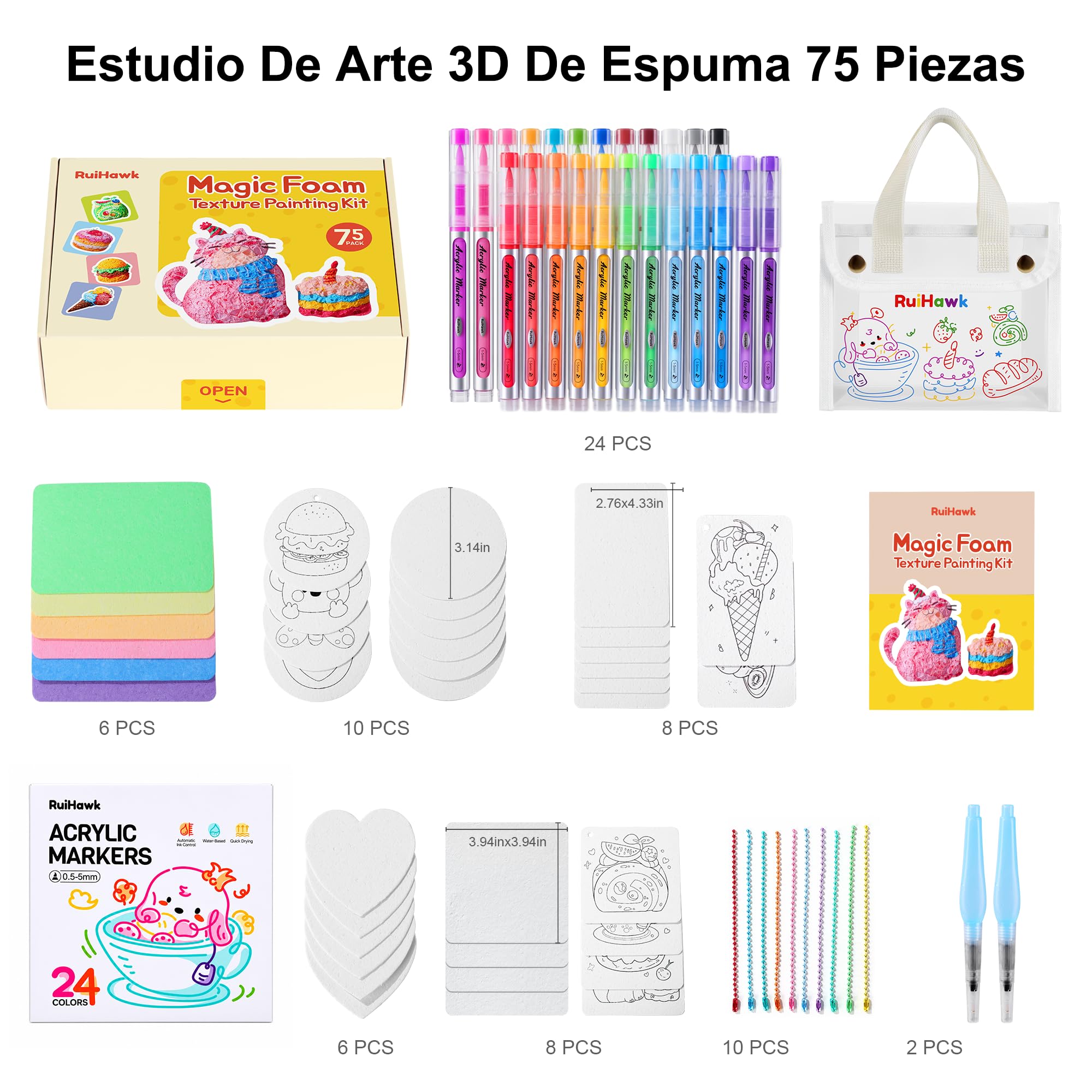 RuiHawk Kit de Pintura Mágica de Espuma 3D, 75 Piezas – Pintura Hinchada DIY con 24 Bolígrafos Acrílicos, 38 Hojas de Textura y Cuentas, Regalo Creativo para Niños 5, 6, 7, 8, 9 Años(Bolsa Incluida)