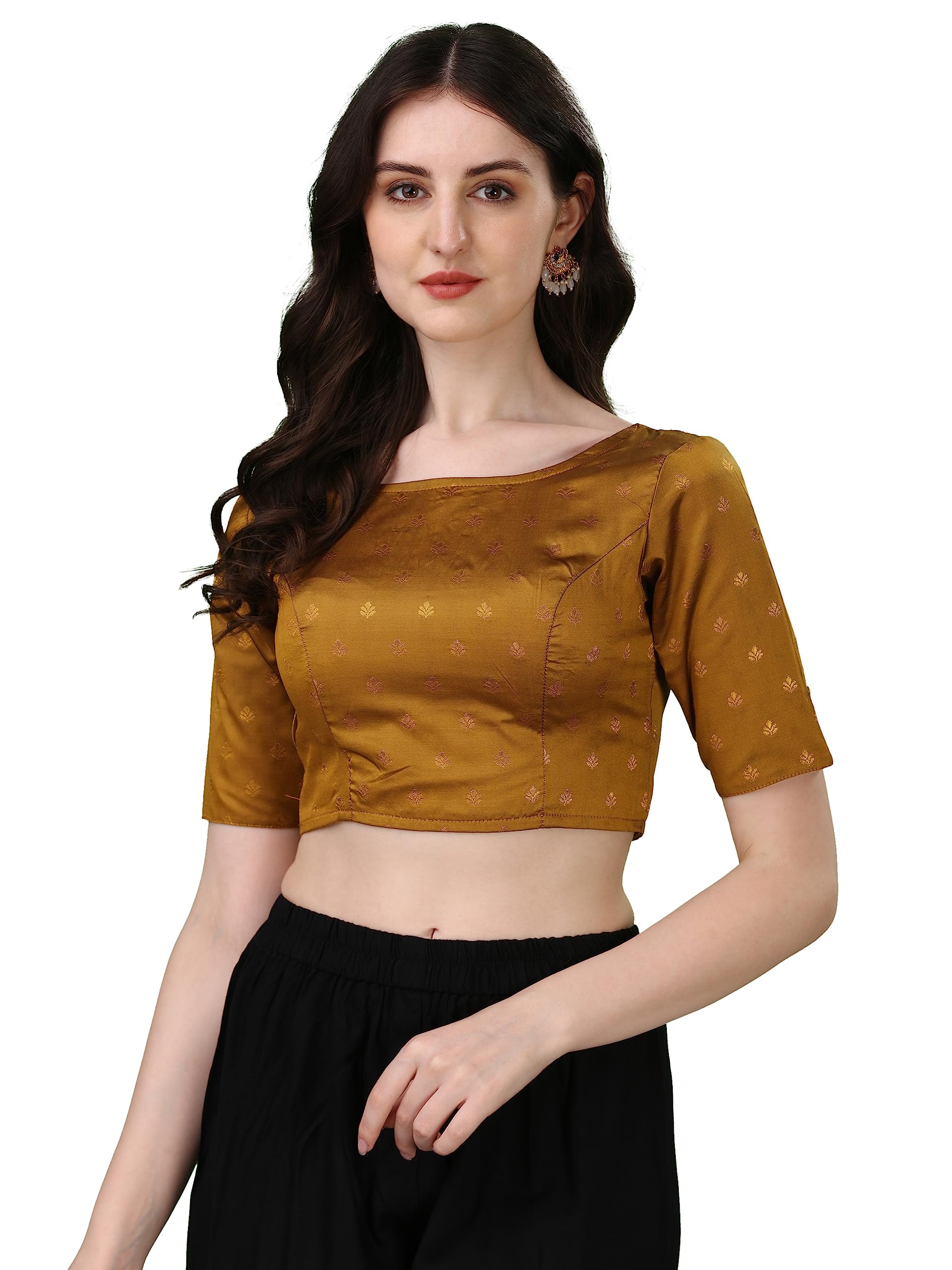 Oomph! Women's Indian Ethnic Wear Designer Leaf Pattern Boat Neck Half Sleeve Brocade Brown Blouse For Saree Or Lehnga And Blousepalazzos Or Skirts For A Fusion Twist.
