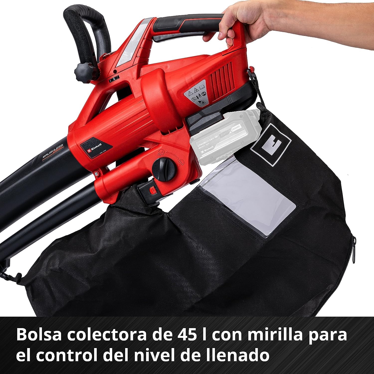 Einhell GE-CL 36 Li E Solo - Aspirador-soplador de Hojas con tecnología Power X-Change 2x18V (Flujo de Aire de 210 km/h, Bolsa de 45 l, 8000-13000 RPM) (Ref. 3433600)