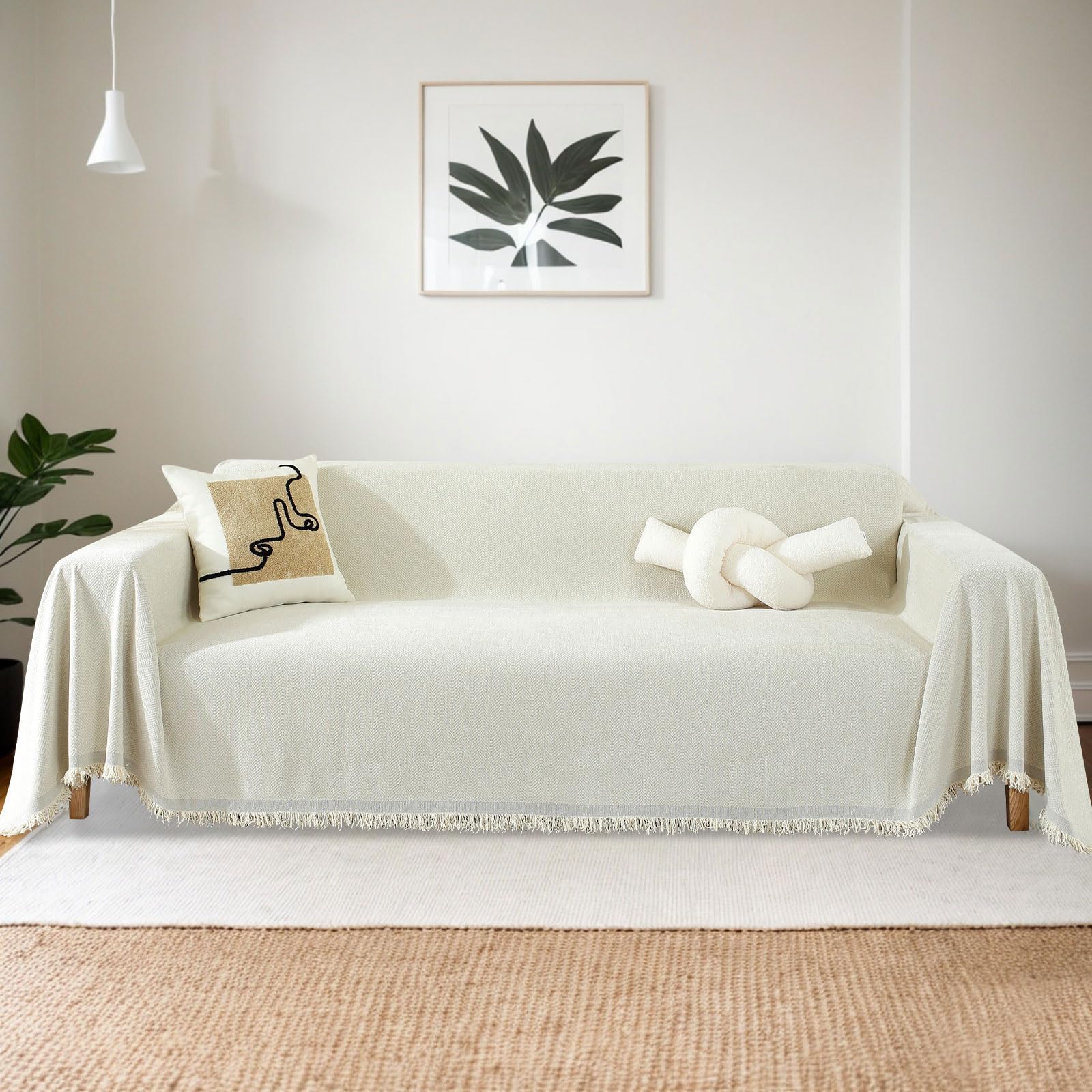 ele ELEOPTION Chenille Couch Cover Blankets for Sofa Slipcover Backrest Futon Cover with Arms Blankets for Dog Cat Pet Furniture Protector with Tassel (71" x 134", White)