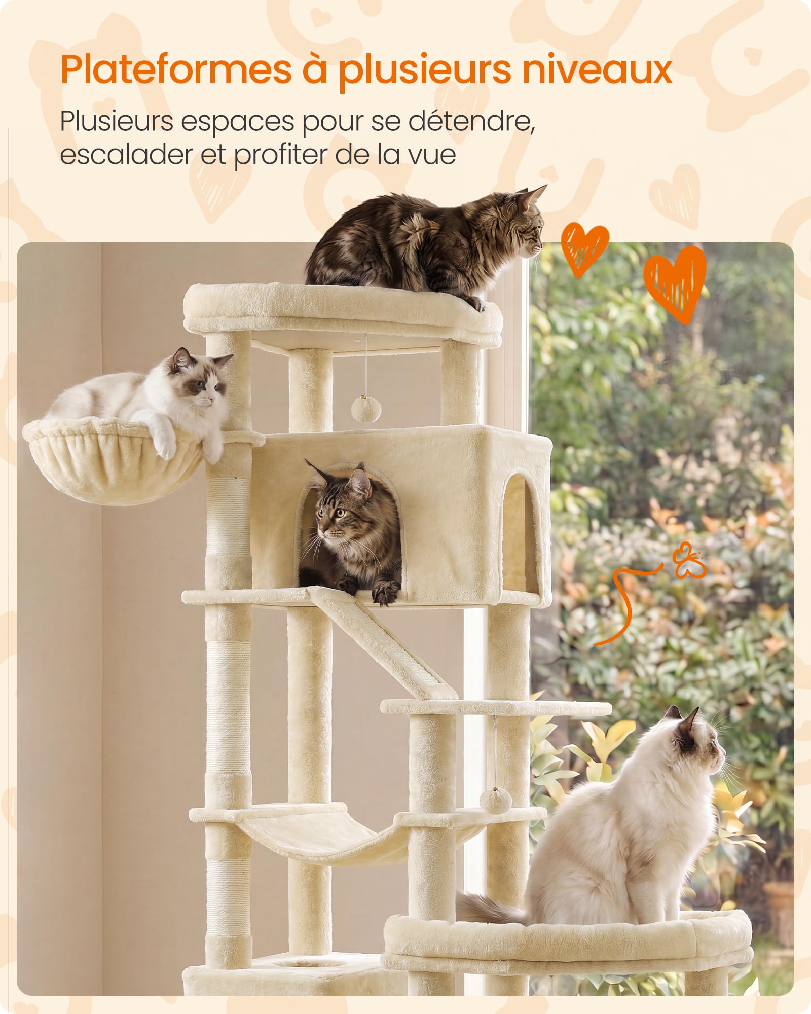 Feandrea Arbre à Chat XXL, Base Double, Poteaux Sisal, 6 Niveaux, Griffoir, 105 x 45 x 202 cm, Beige Clair, Multi-Chats, Collection Clawfy PCT020Y101