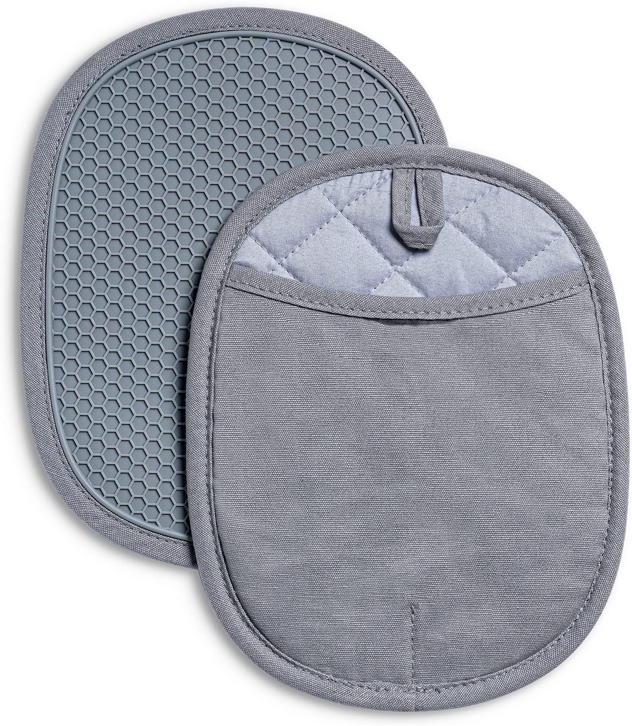 SYOSI Silicone Pot Holders Sets, Heat Resistant Oven Hot Pads with Pockets Non-Slip Grip Large Potholders for Kitchen Baking Cooking | Quilted Liner | 9.8 x 7.6 Inches | Gray | Pack of 2