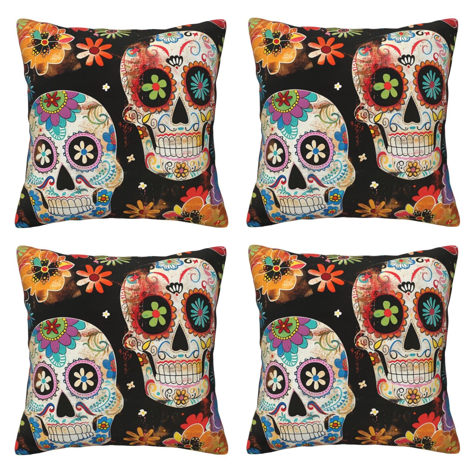 Sugar Skulls Throw Pillow Cases 4 Pack Square Pillowcases Super Soft Pillow Protectors With Zipper for Couch Livingroom Sofa Bed Office Car,40x40 CM