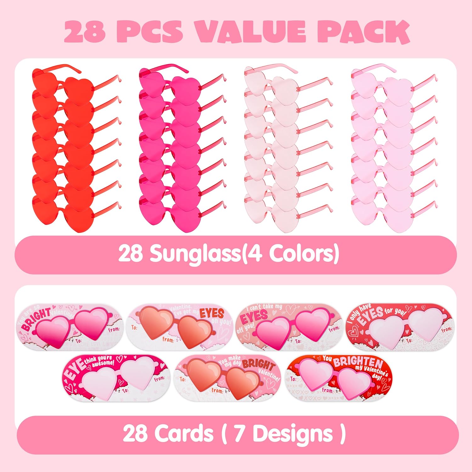 JOYIN 28 Packs Valentines Day Heart Shaped Sunglasses with Cards, Classroom Exchange Gift for Kids, Classroom Holiday Prizes, Stylish Eyewear in Vibrant Colors, Heart Shaped Glasses Party Favors