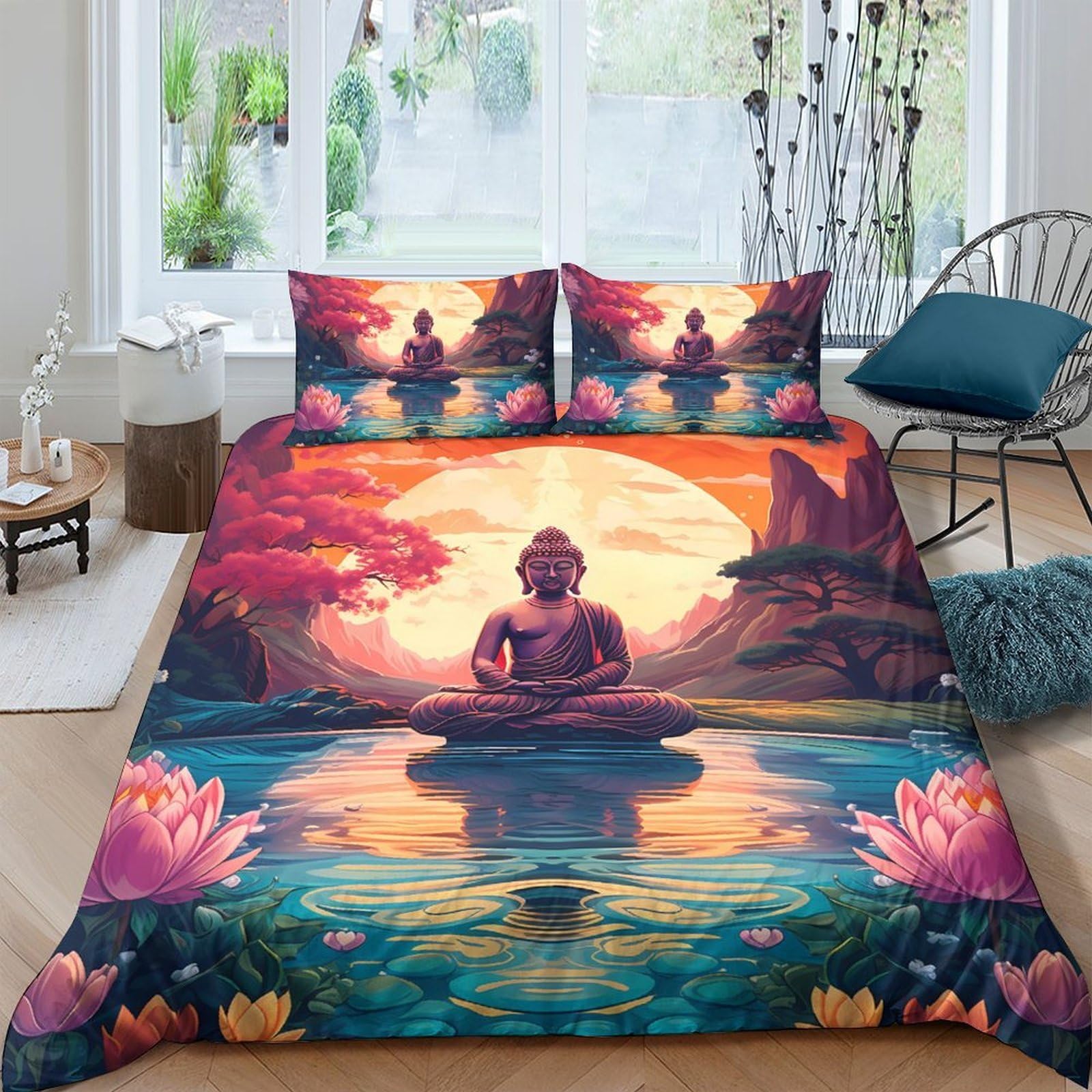 Ctjqhvkz Style-9 3D Printed Buddha Sunset Fitted Sheet Microfiber Non-Slip Lotus Water Bed Cover Bedroom Decor Single（135X200cm）