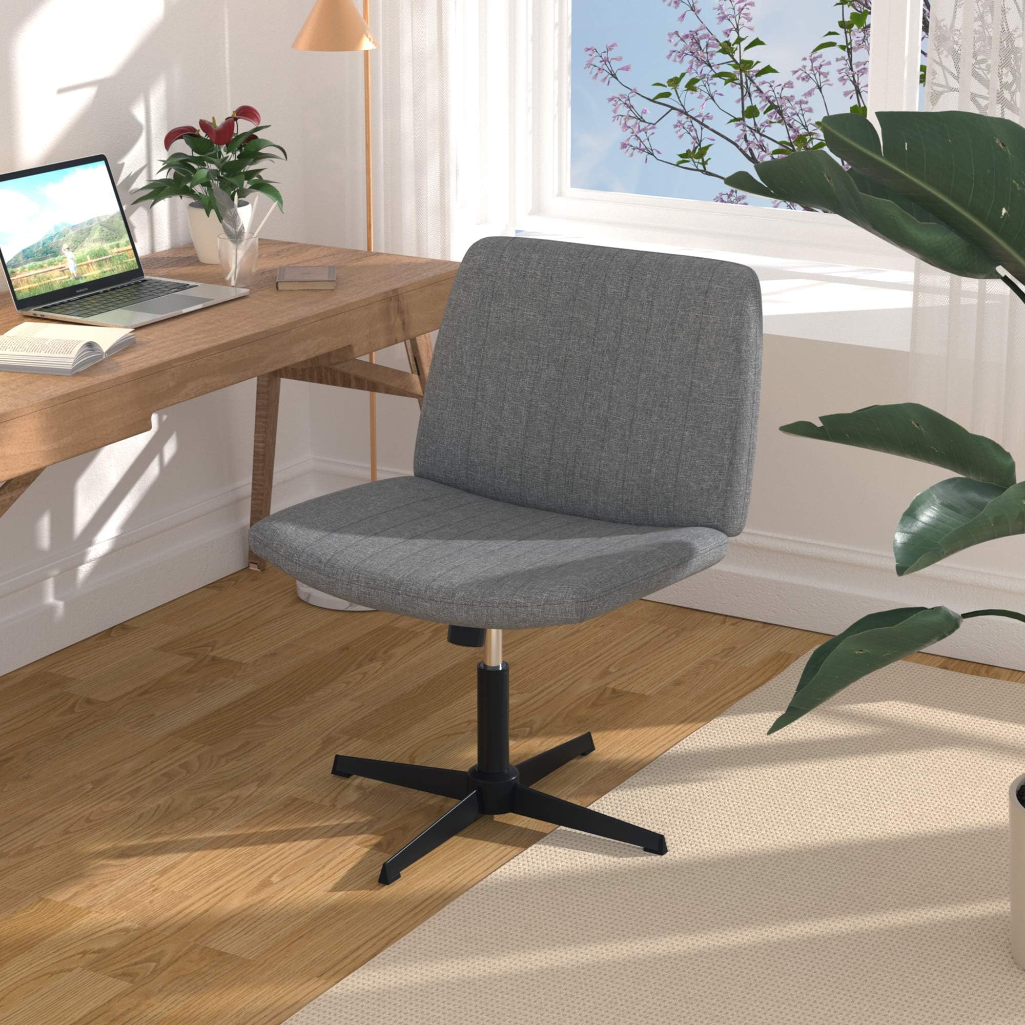 Modern Criss Cross Office Chair - No Wheels Computer Chair with Wide Seat Swivel Base Adjustable Cross Legged