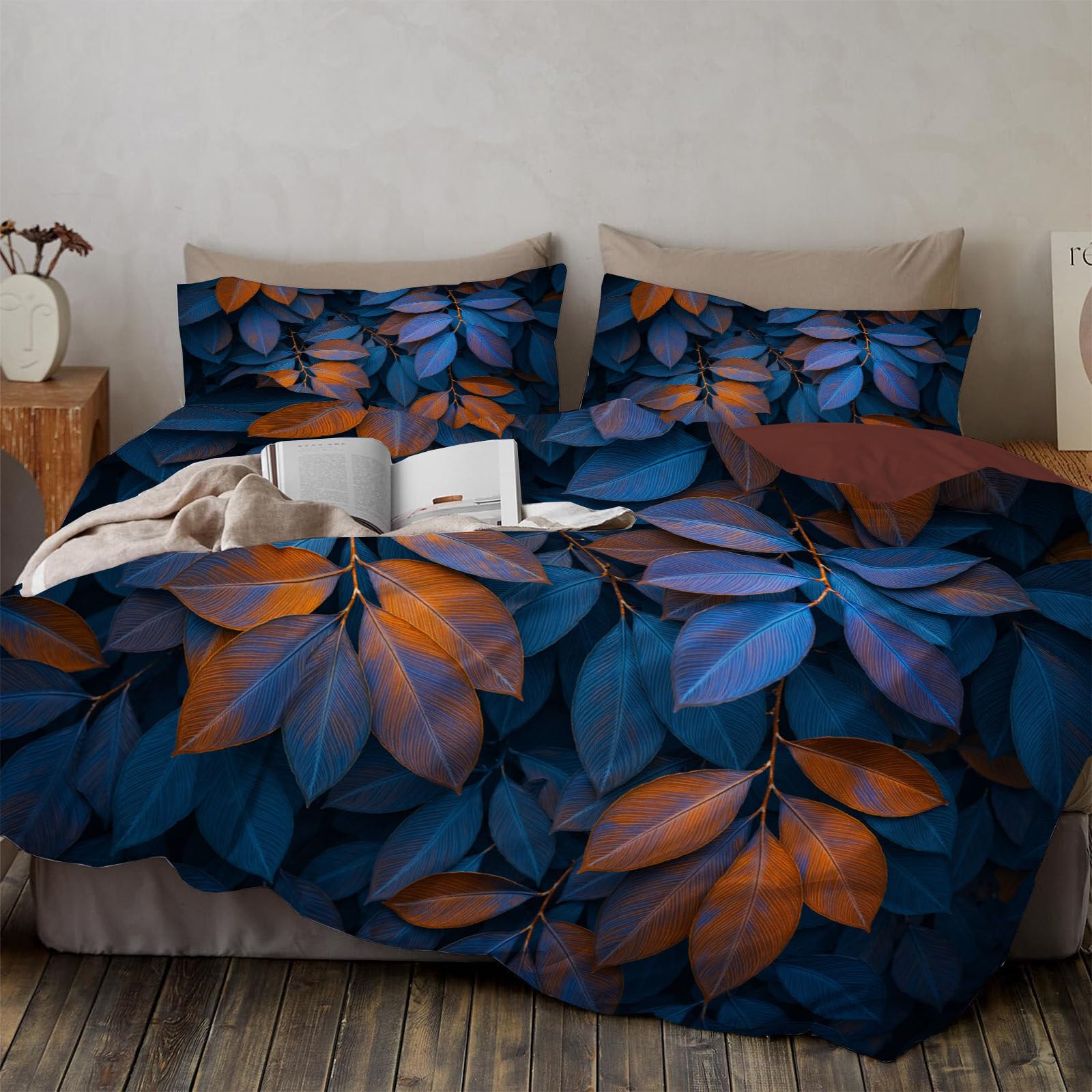 Parure de lit plantes abstraites orange et bleu avec housse de couette 140x200