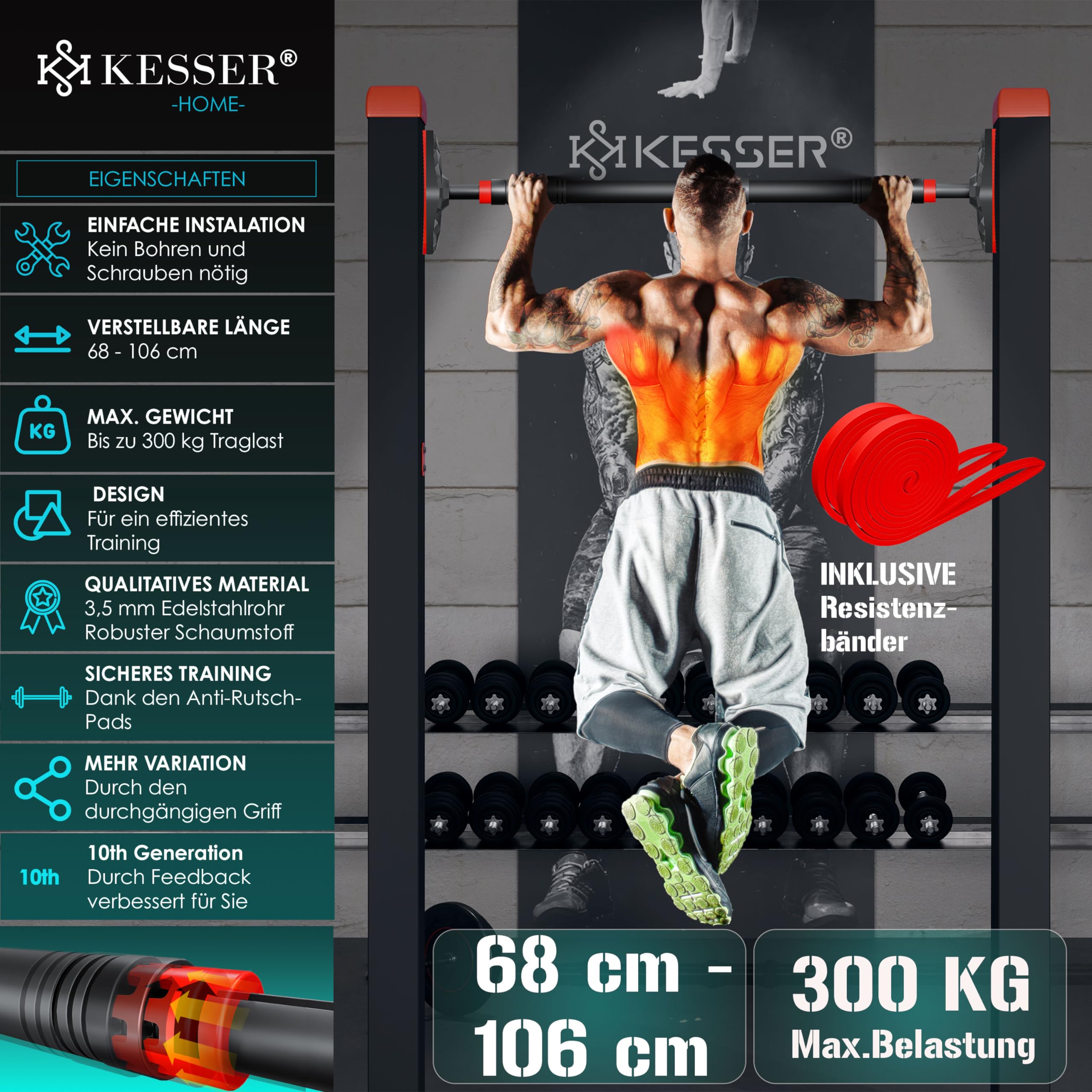 KESSER® Barra di sollevamento regolabile nel Telaio della Porta, senza viti/trapani, Estensibile da 68 a 106 cm, fino a 300 kg, Impugnature antiscivolo, incluse Bande di resistenza