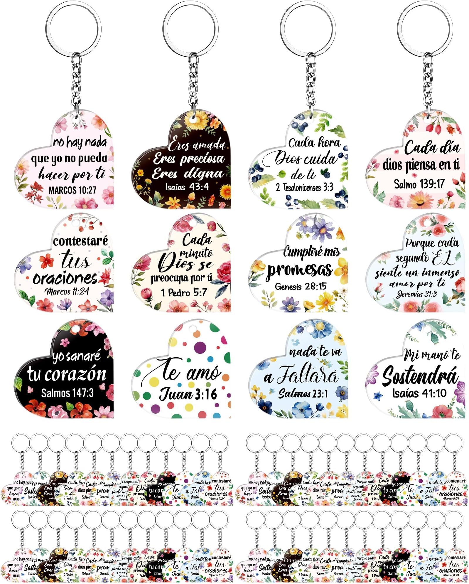 Sureio 48 Pcs Spanish Christian Keychain Gifts Bible Verse Inspirational Keychain Religious for Women