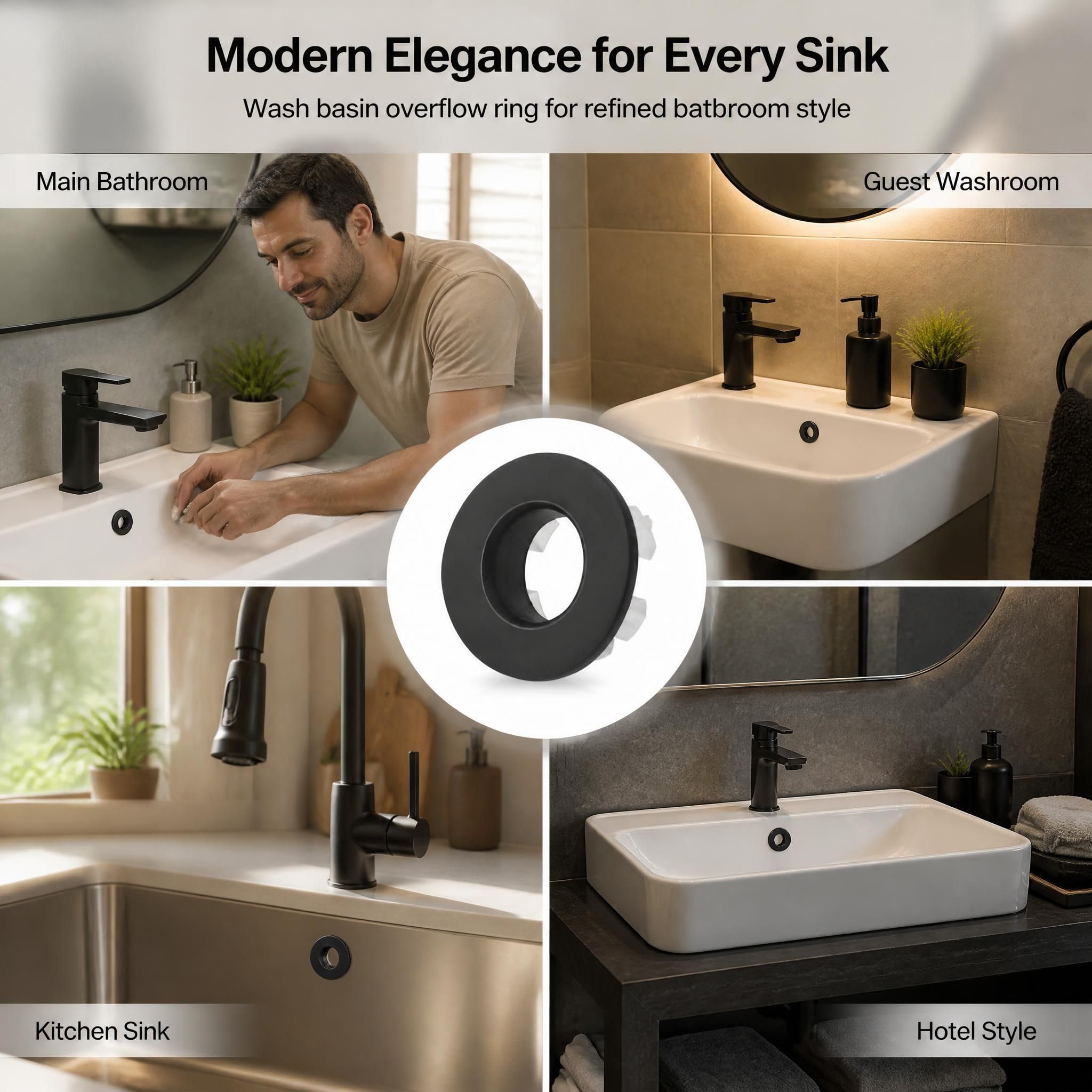 Anillo Rebosadero Lavabo Cobre Puro Negro Mate, Tapa Rebosadero Universal para Orificios 22-24mm, Lavamanos Baño y Fregadero Cocina
