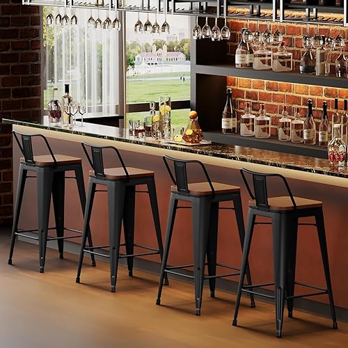 Miniatura 8 de HAOBO Home Juego de 2 taburetes de bar de metal de 24 pulgadas con parte superior de madera, respaldo bajo, color negro mate Negro -,Blanco