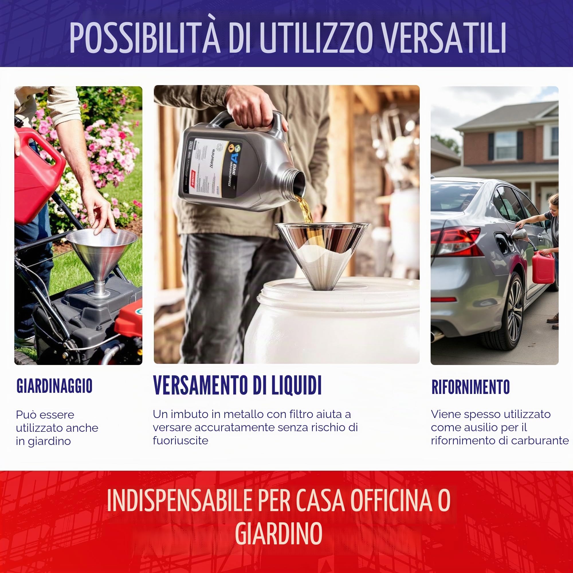 Chle-Mar - Imbuto in metallo per benzina con filtro | Imbuto per olio Auto & veicoli a motore grande | Robusto imbuto in metallo con manico per benzina, olio motore e liquidi tecnici | Grande imbuto