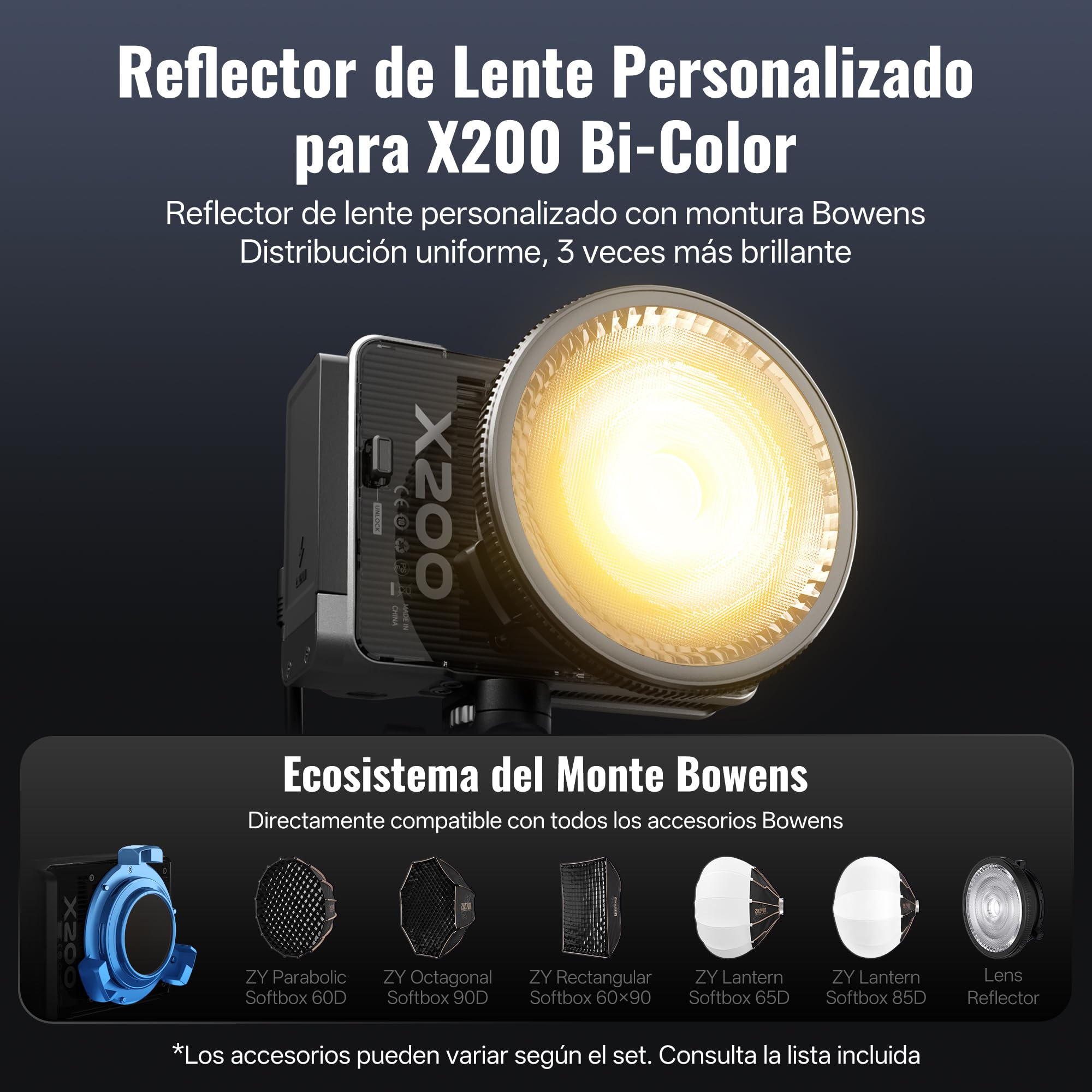ZHIYUN MOLUS X200 Bicolor Standard [Oficial] Luz de Video 200W sin Batería | Iluminación de Salida Continua Portátil Iluminación Fotográfica Profesional,Montura Bowens, 2700K~6500K, CRI≥95/TLCI≥97, 800g