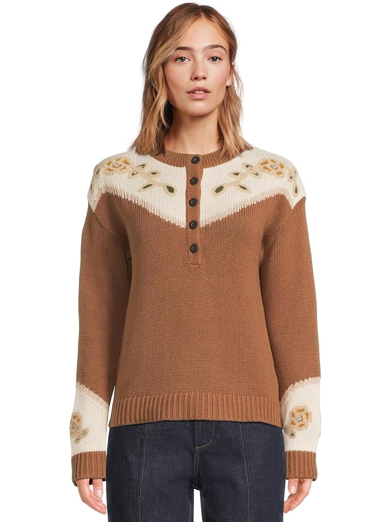 Tan Pendleton Western Floral Henley Sweater