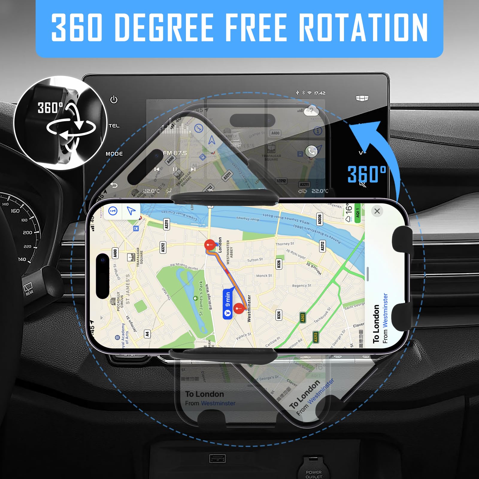 Supporto per cellulare auto con funzione di ricarica, caricatore senza fili per auto, stazione di ricarica induttiva, ricarica wireless a doppia bobina, girevole a 360°, per ventilazione auto (azzurro