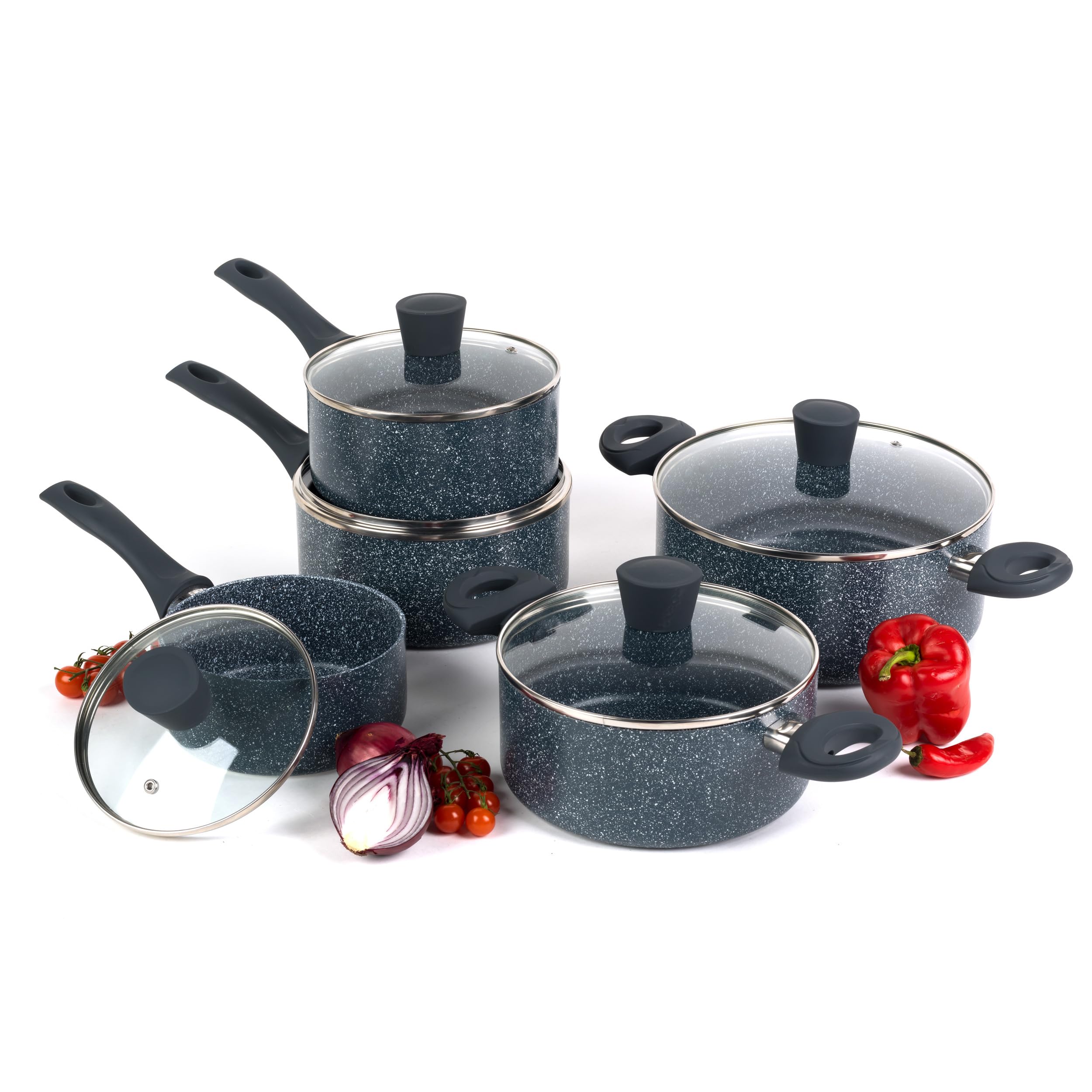 COMBO-4843A Blue Marble Non-Stick Saucepan and Stock Pot Set, 16/18/20/24 cm, 5 Piece, Induction Hob Suitable, Cook with Less Oil, Soft Bakelite Handles