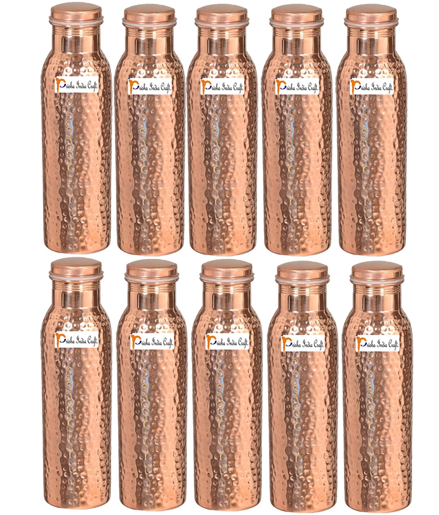 Prisha India Craft Ayurveda - Juego de 10 botellas de agua de cobre puro (900 ml, sin juntas, hechas a mano)