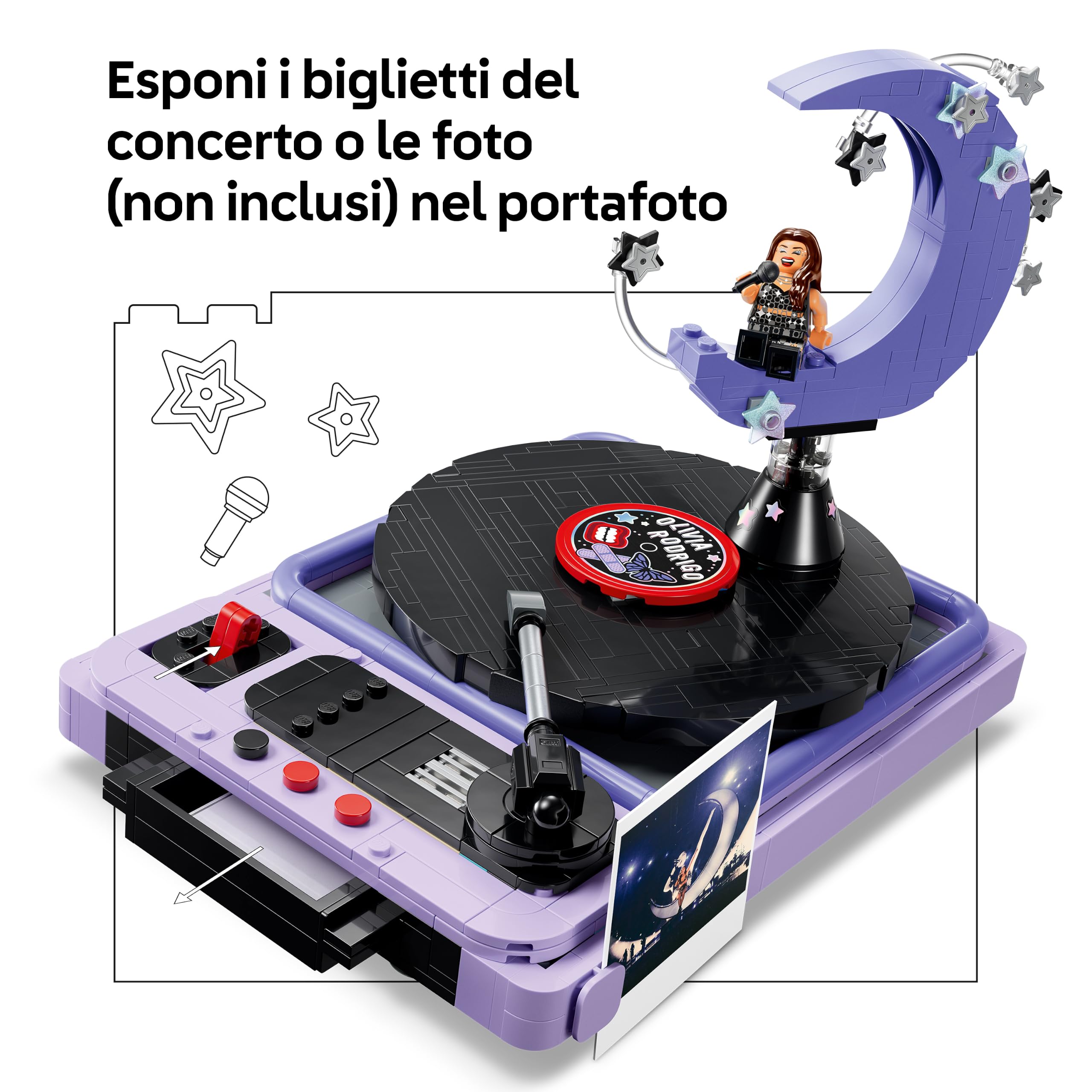 LEGO Editions La Mezzaluna del Concerto di Olivia Rodrigo - Kit di Modellismo con Giradischi, Vinile e Minifigure - Decorazione da Cameretta - Regalo per Ragazze, Ragazzi e Fan da 14 Anni in su 43029