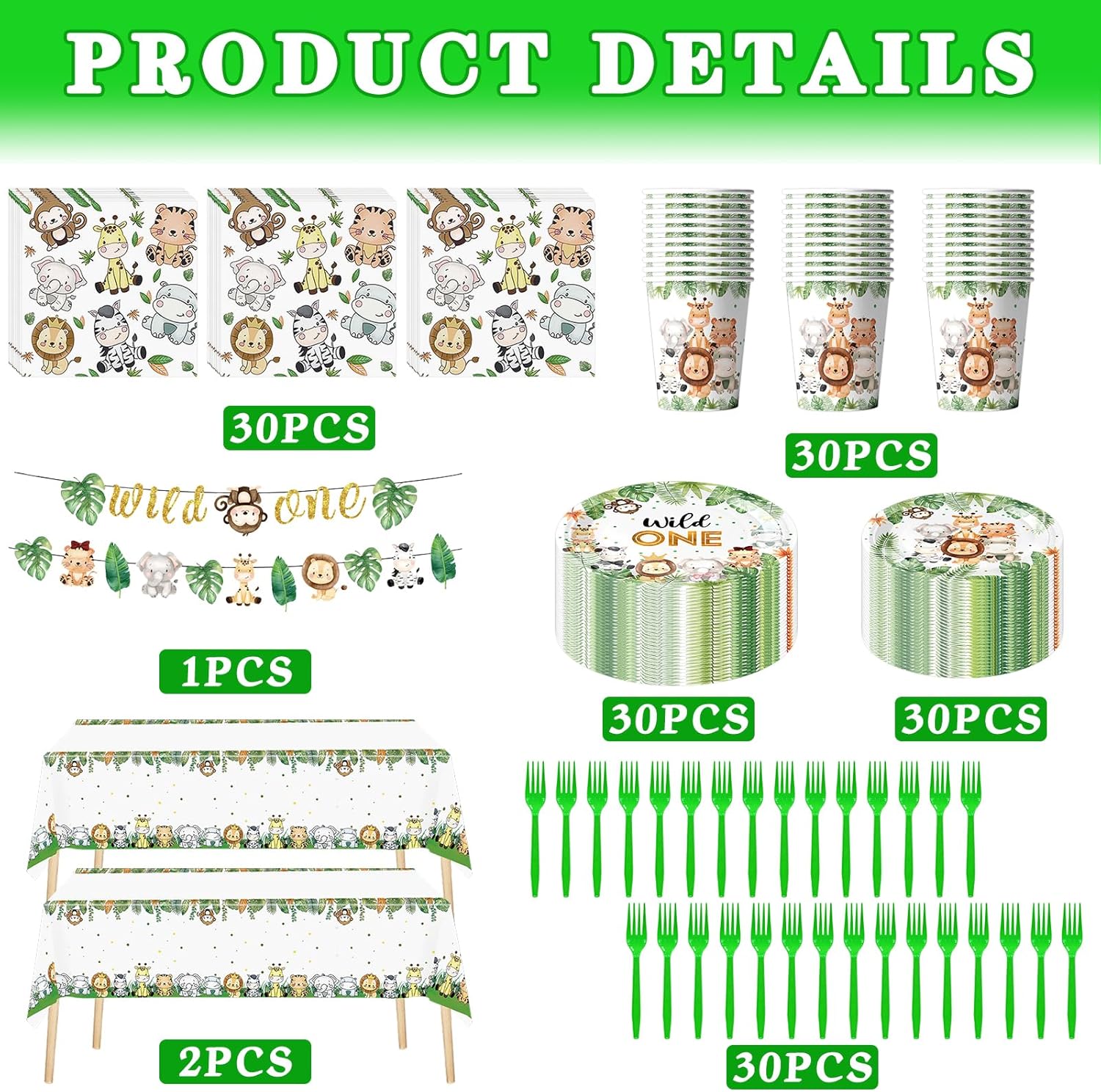 153 PCS Wild Birthday Decorations, Jungle Safari Party Tableware Set Includes 60 PCS Plates, 30 PCS Napkins, 30 PCS Cups, 30 PCS Forks, 1 Banner and 2 Tablecloth, Serves 30 Guests