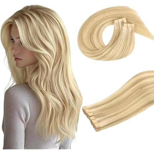 DOORES Hair Extensions Human Hair, Drity Blonde Highlight Golden Blonde 40pcs 80g 12 Inch, Human Hair Extensions Tape in Straight Hair Real Human Hair