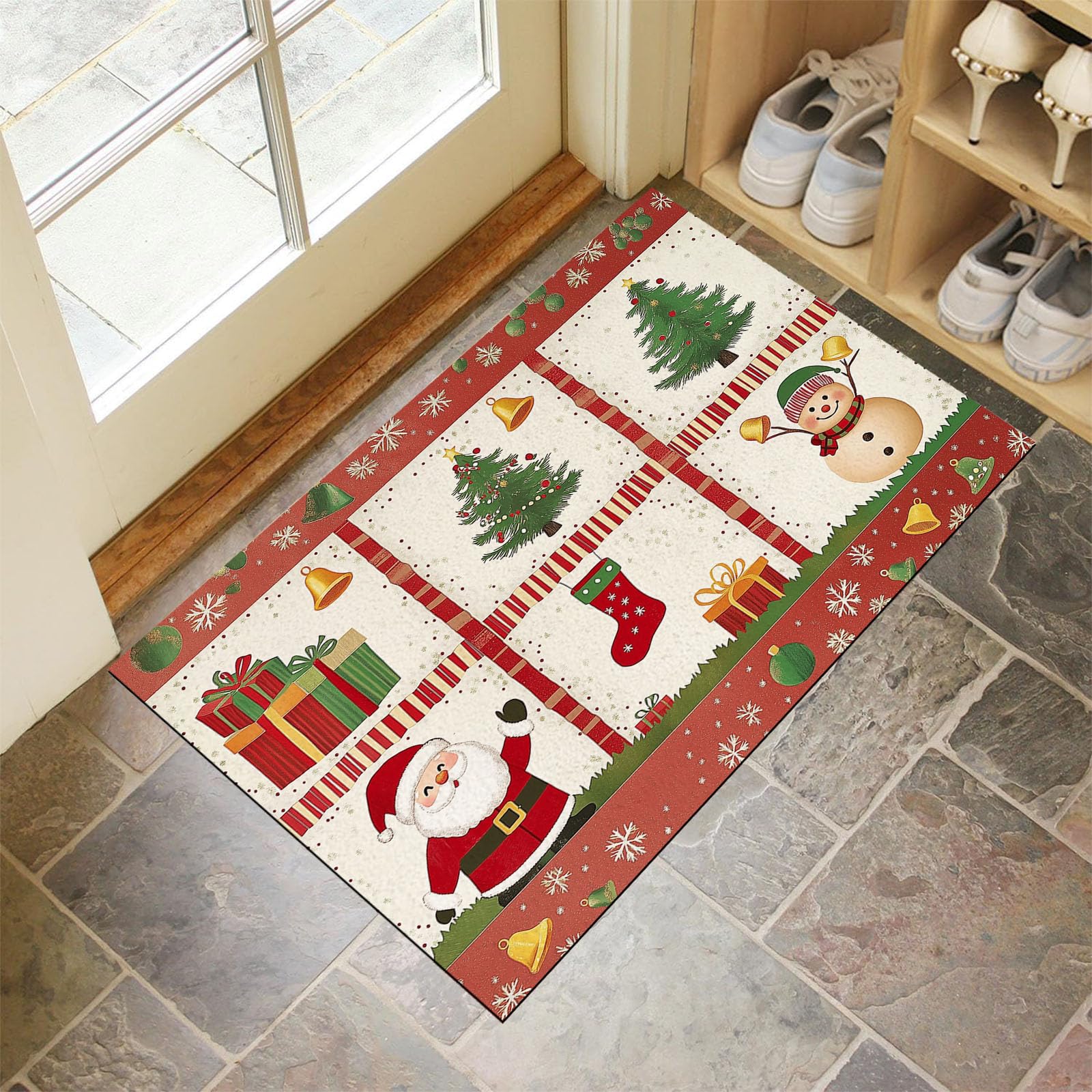 Felpudo Tema Navideño Lavable, Alfombra Pequeña Ilustración Dibujada A Mano De 80X120Cm, Tapetes De Puerta Suaves Para Entrada, Alfombras De Entrada Antideslizantes Rojo Y Blanco De Pelo Bajo