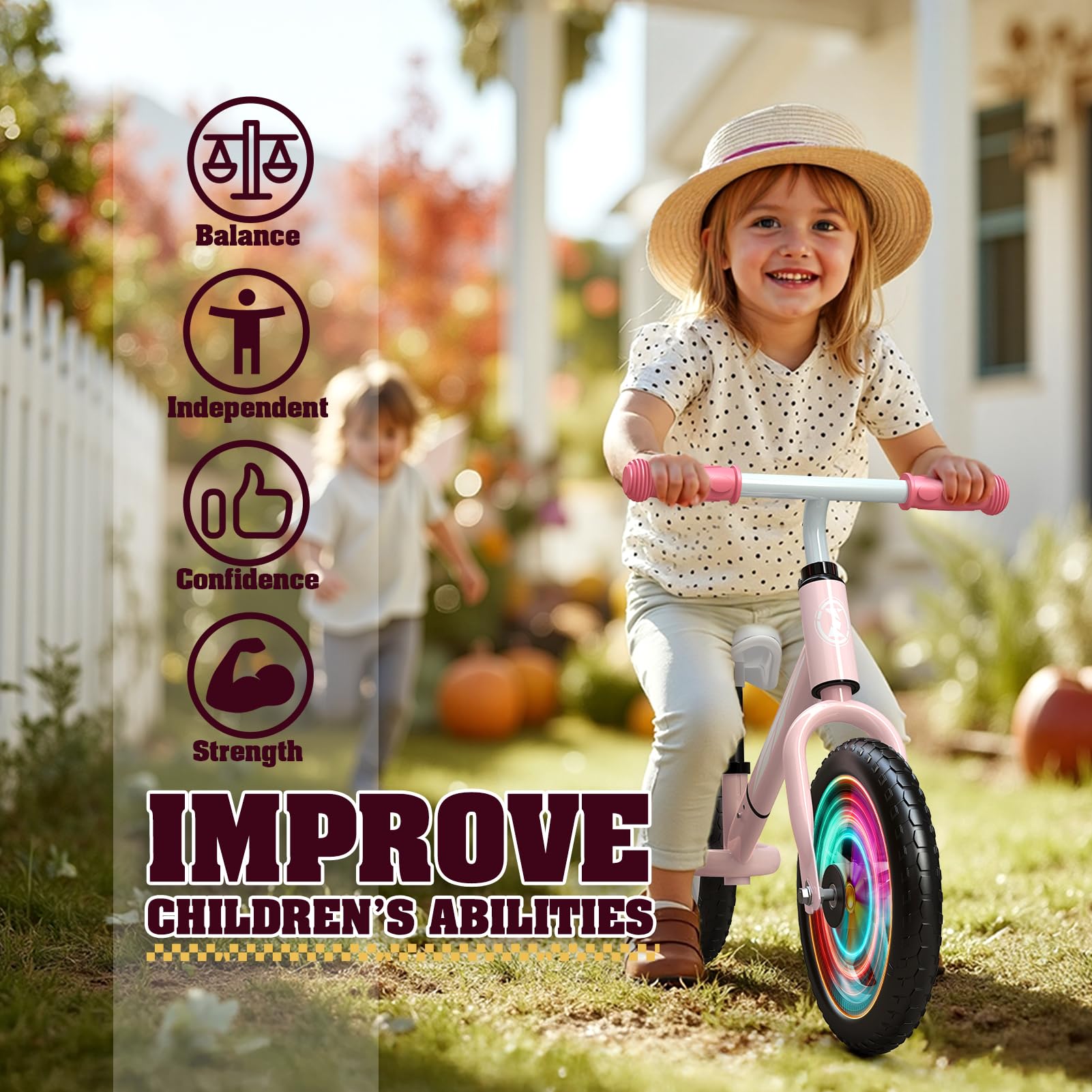 Dromlag Bicicletta senza Pedali per Bambini 2-5 Anni, Regolabile in Altezza (Sella e Manubrio), Luci LED, Gomme Antiscivolo, Regalo Bambino 2 3 4 5 Anni, Max 50 kg, Colore Rosa