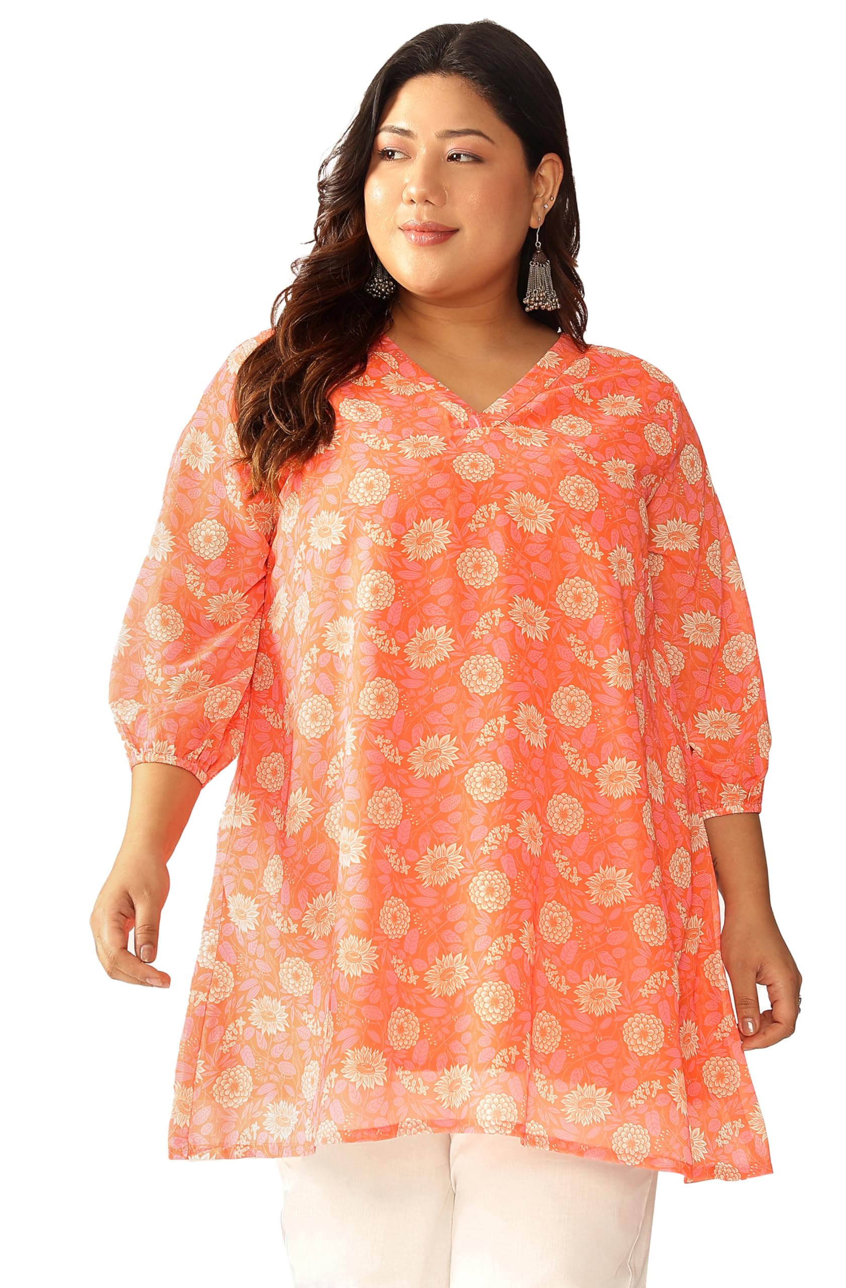 Women's Plus Size Peach Georgette Floral Printed A-line Tunic