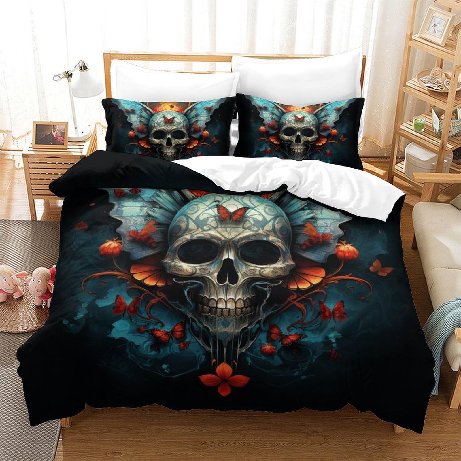 Housse de couette crâne 3D 200x200 cm avec 2 taies d'oreiller en microfibre pour lit double