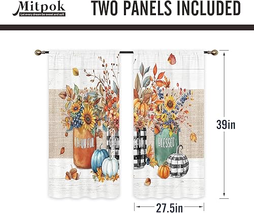 Miniatura 4 de Cortinas de cocina con calabazas de otoño y otoño, hojas de arce rústicas, florales, cosechas de Acción de Gracias, tablero de madera de campo de