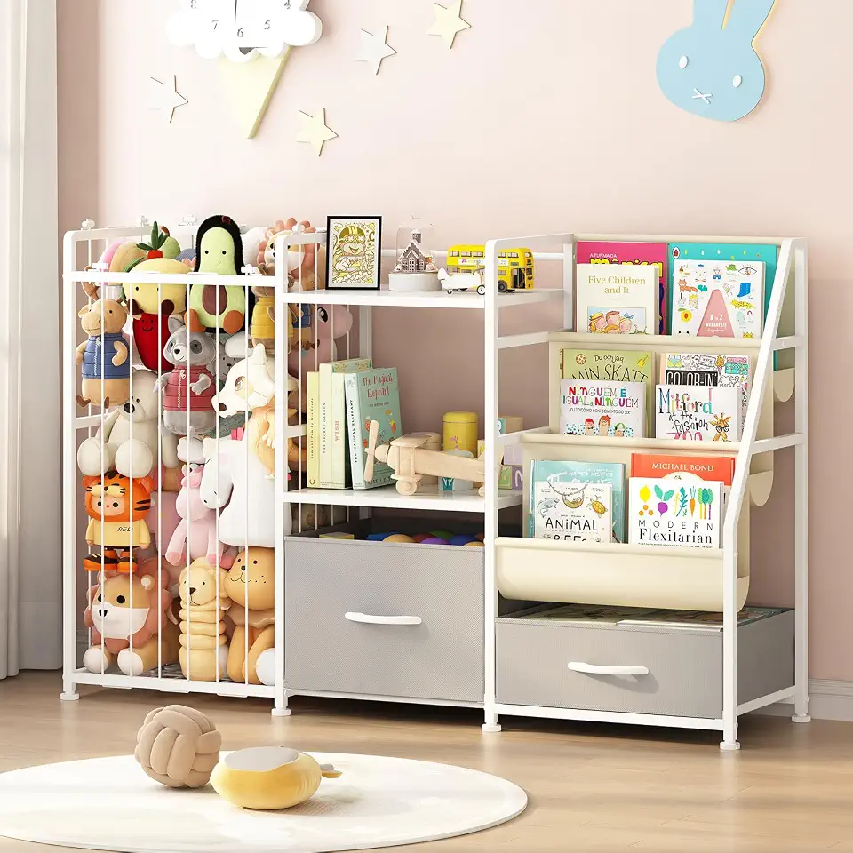 Estante infantil, Organizador de Brinquedos e Livros Infantil Montessori, Estante Multifuncional com Compartimento para Pelúcias e Gavetas para Quarto Infantil
