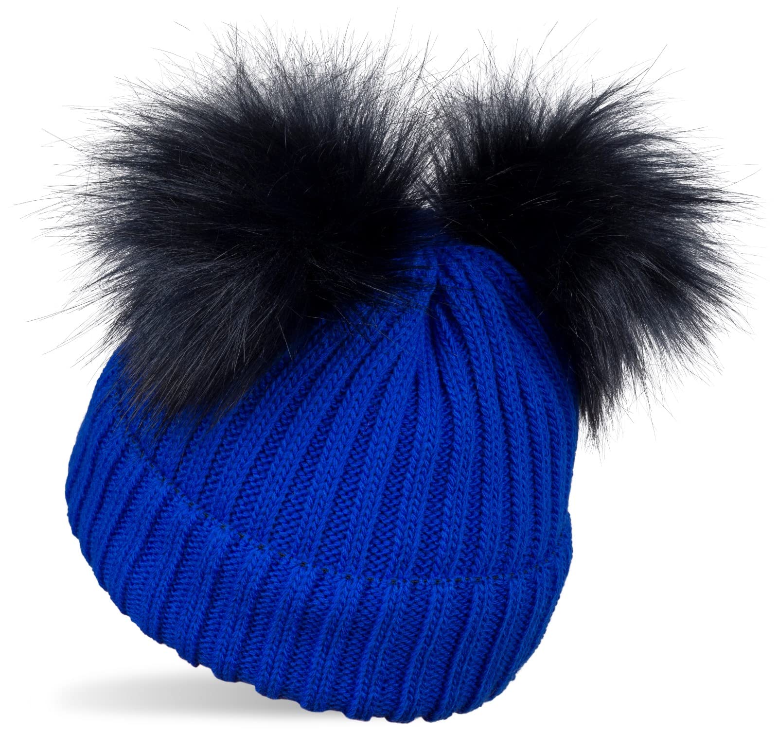 styleBREAKER Kids Knitted Bobble hat with 2 Faux Fur pom poms and Fleece Lining, Winter Beanie, Knitted hat, 2-5 Years 04024203, Colour:Royal Blue