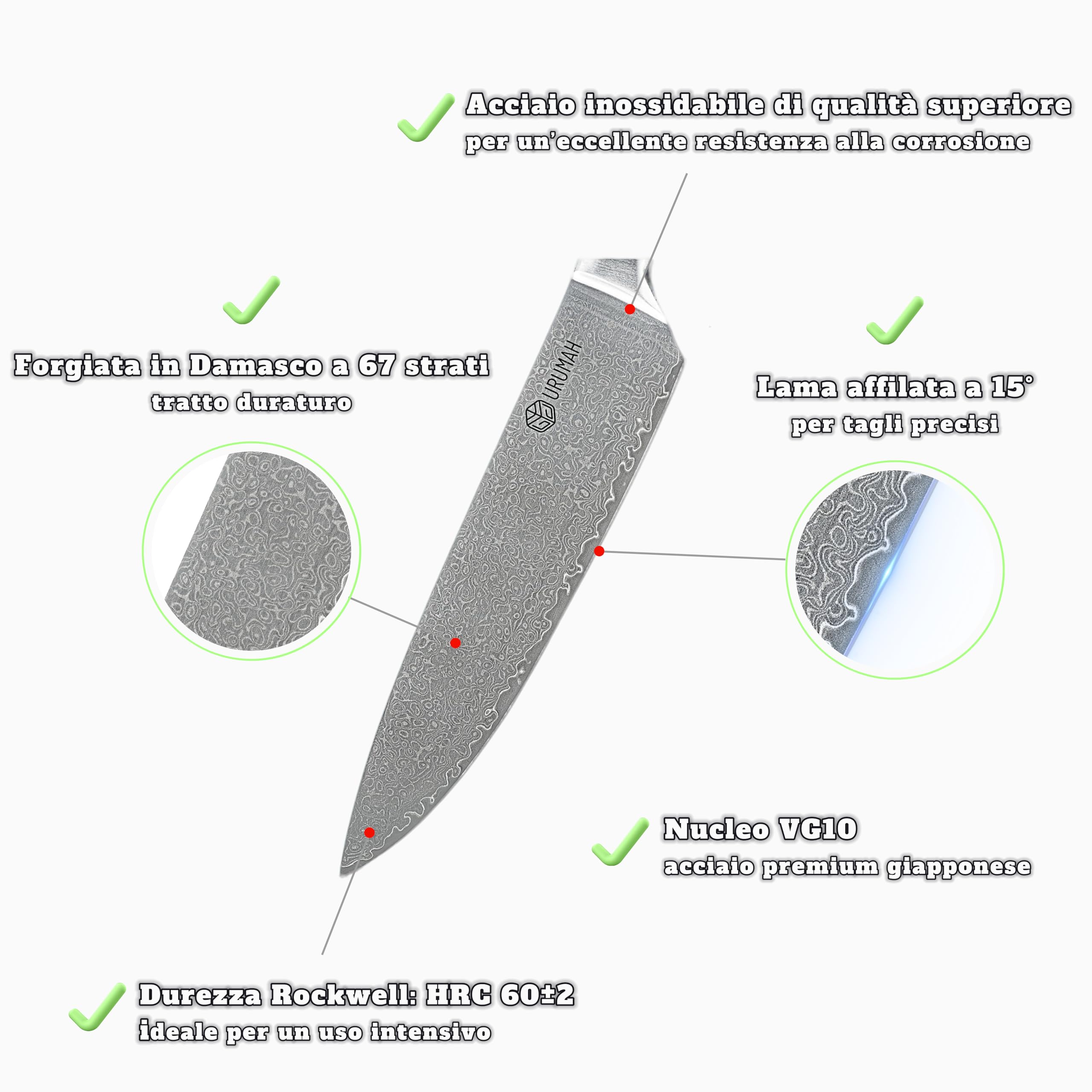 URUMAH Coltello da Cucina Giapponese 20cm Damasco a 67 strati acciaio inossidabile, manico in legno di ulivo, con custodia protettiva e confezione regalo. Coltello da chef in Damasco
