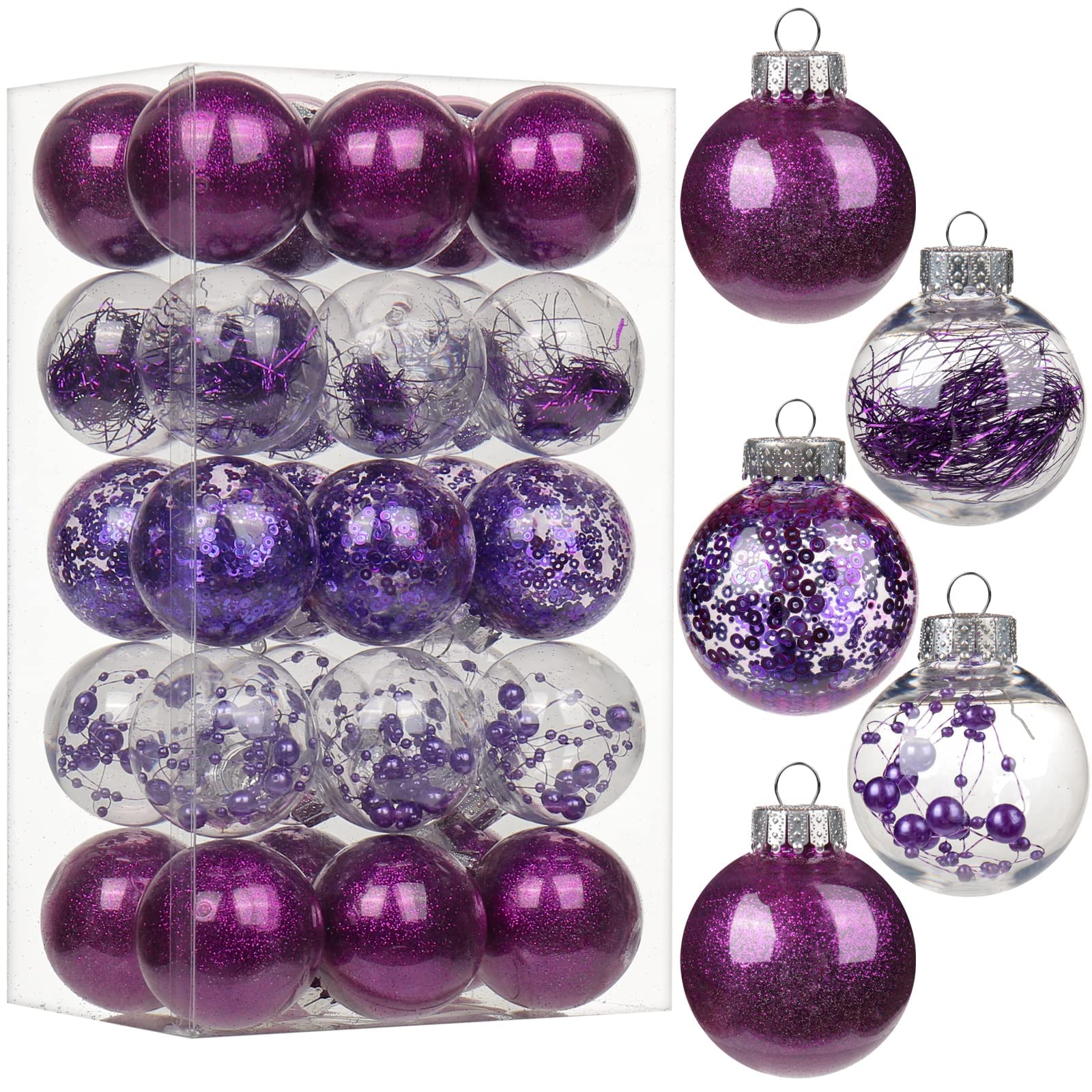 Photo 1 of 30PCS Christmas Balls Ornaments 2'' Shatterproof Christmas Tree Ornaments Set Purple and Clear Decorative Hanging Ornaments for Xmas Tree Party Holiday Decoration, Briful Purple #01 1.97"/30pcs