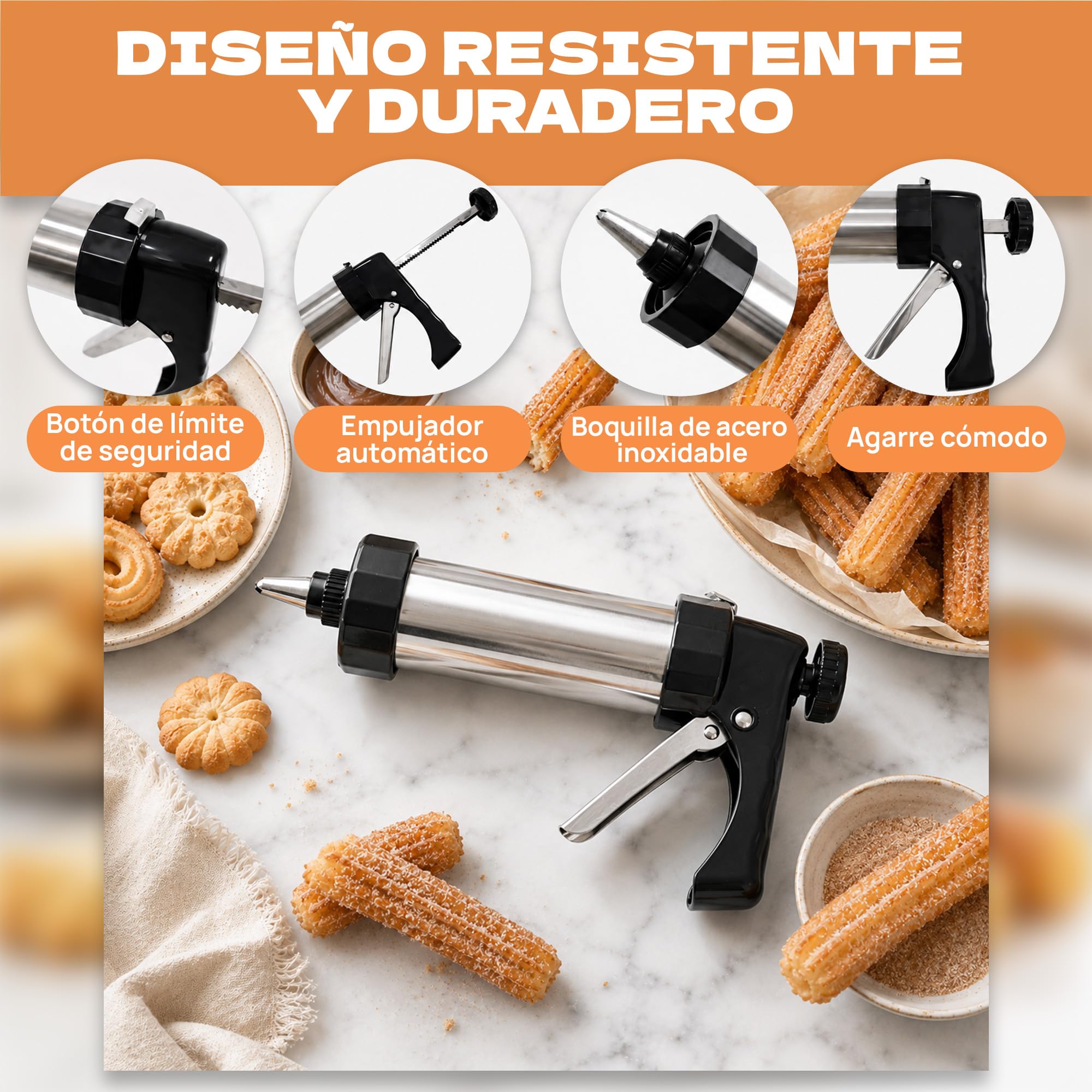 Máquina de Churros Manual y Galletera de Acero Inoxidable 304, Kit Churrera con Manga Pastelera y Accesorios para Hacer Churros, Porras y Galletas Caseras