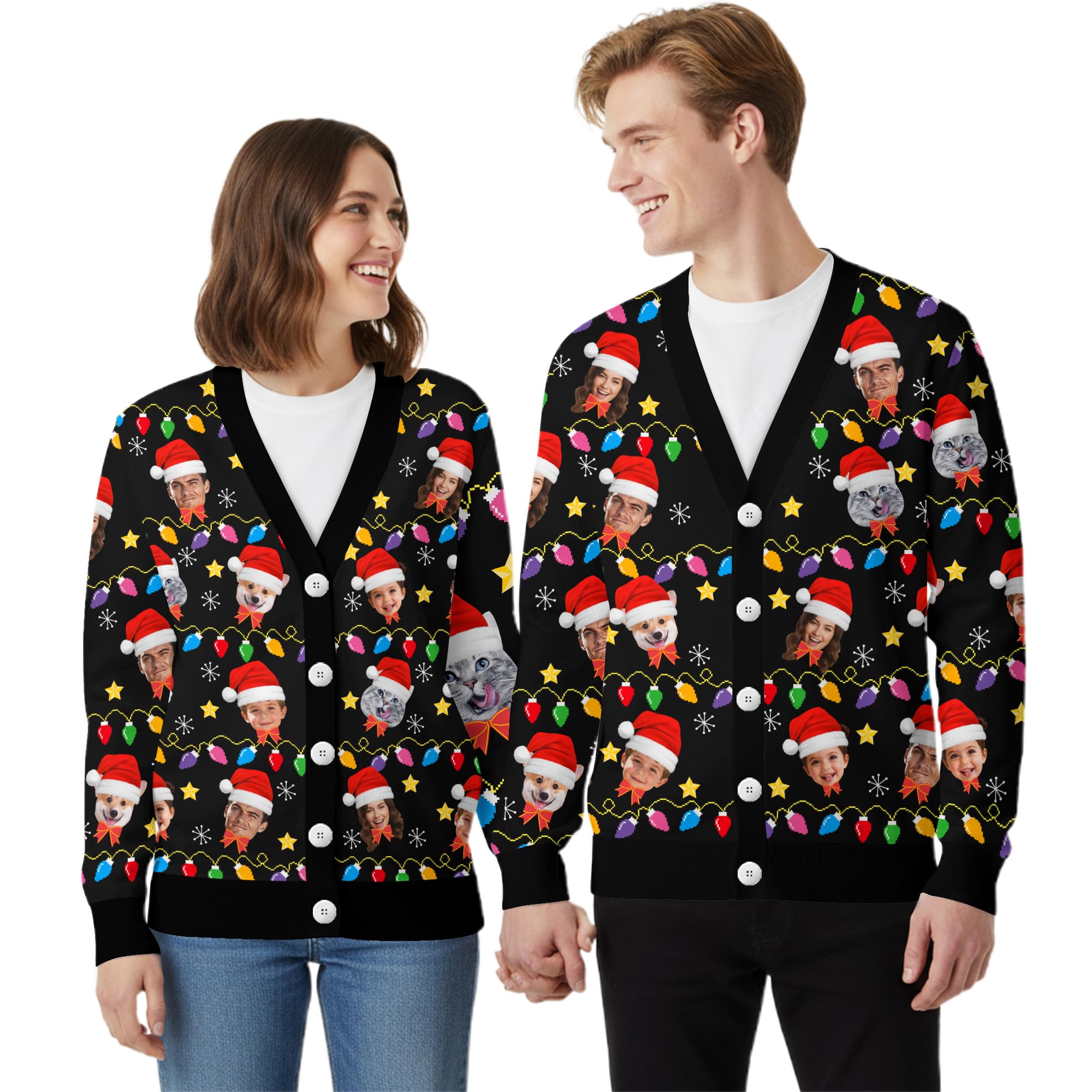Custom Ugly Christmas Cardigan Sweaters for Men Women Personalized Face Sweater Funny Xmas Knit Open Front Tops